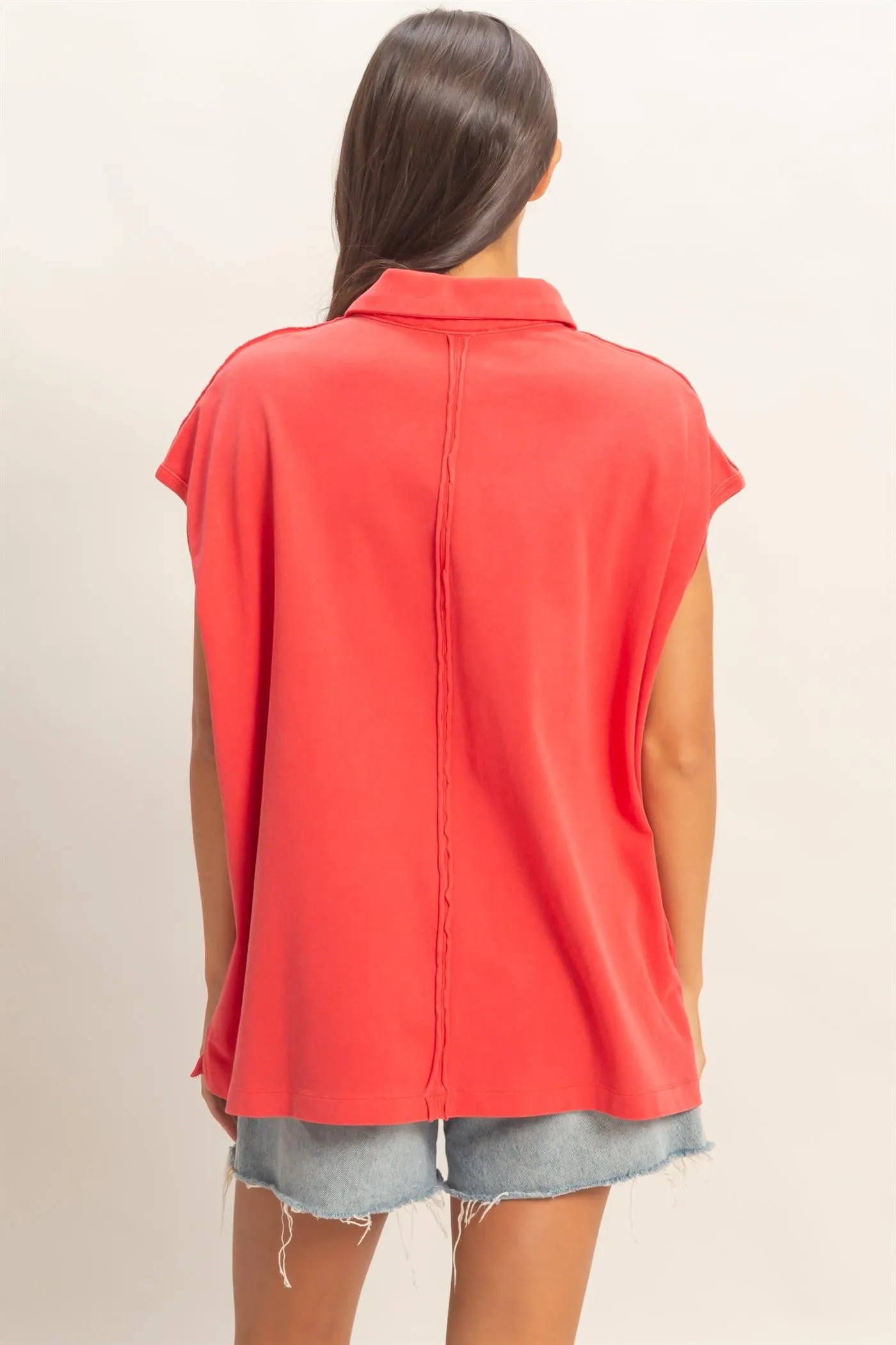 Red Pigment Dye Sleeveless Polo Oversized Top sold by Pinkblush product image thumbnail 3