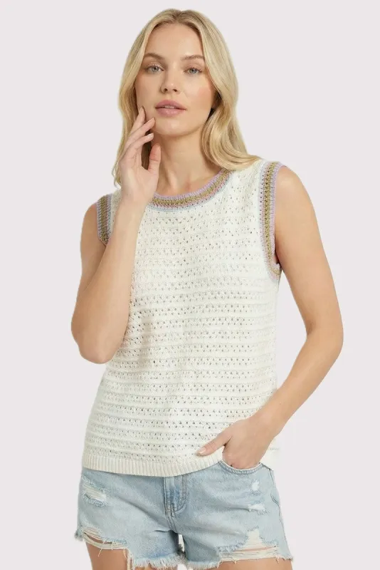 Off White Crochet Trim Pointelle Knit Tank made by Staccato