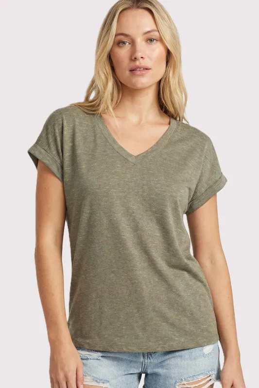 Olive Slub Knit V-Neck Top made by Staccato