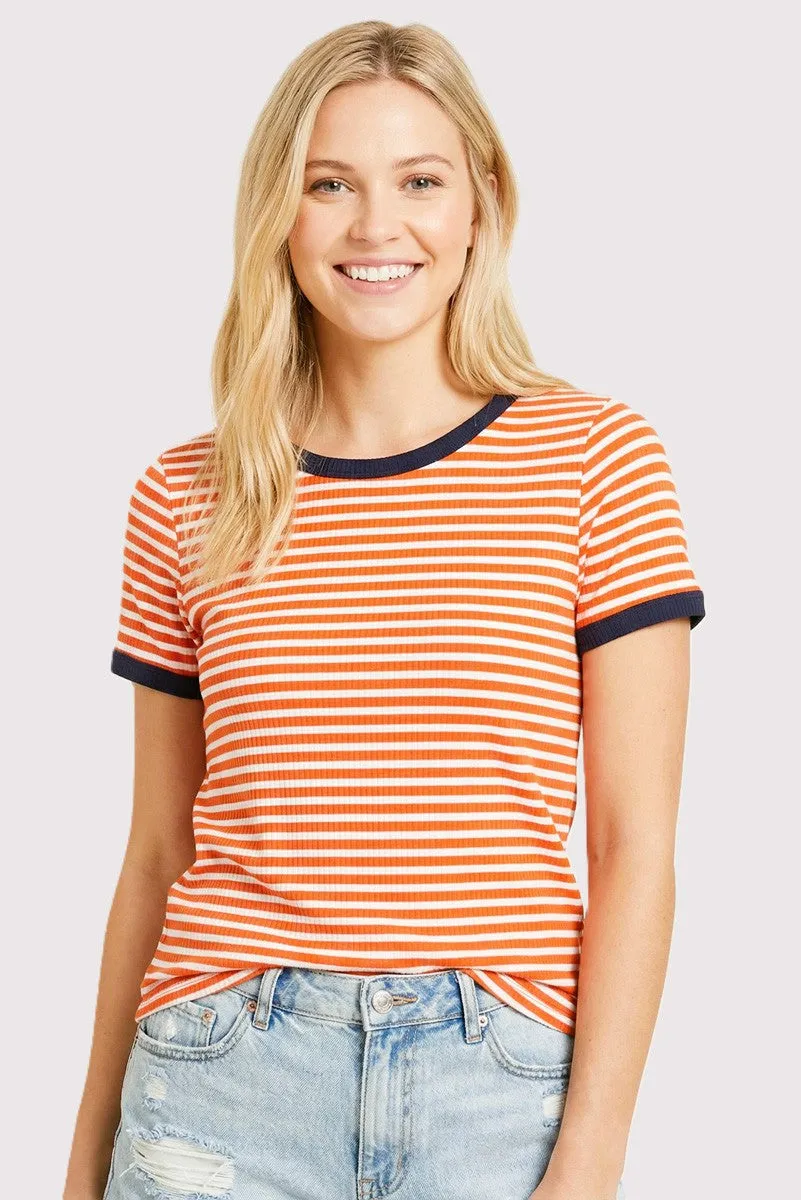 Orange Striped Short Sleeve Top sold by Pinkblush