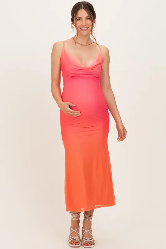Ombre Coral Mesh Draped Neck Maternity Maxi Dress made by privy