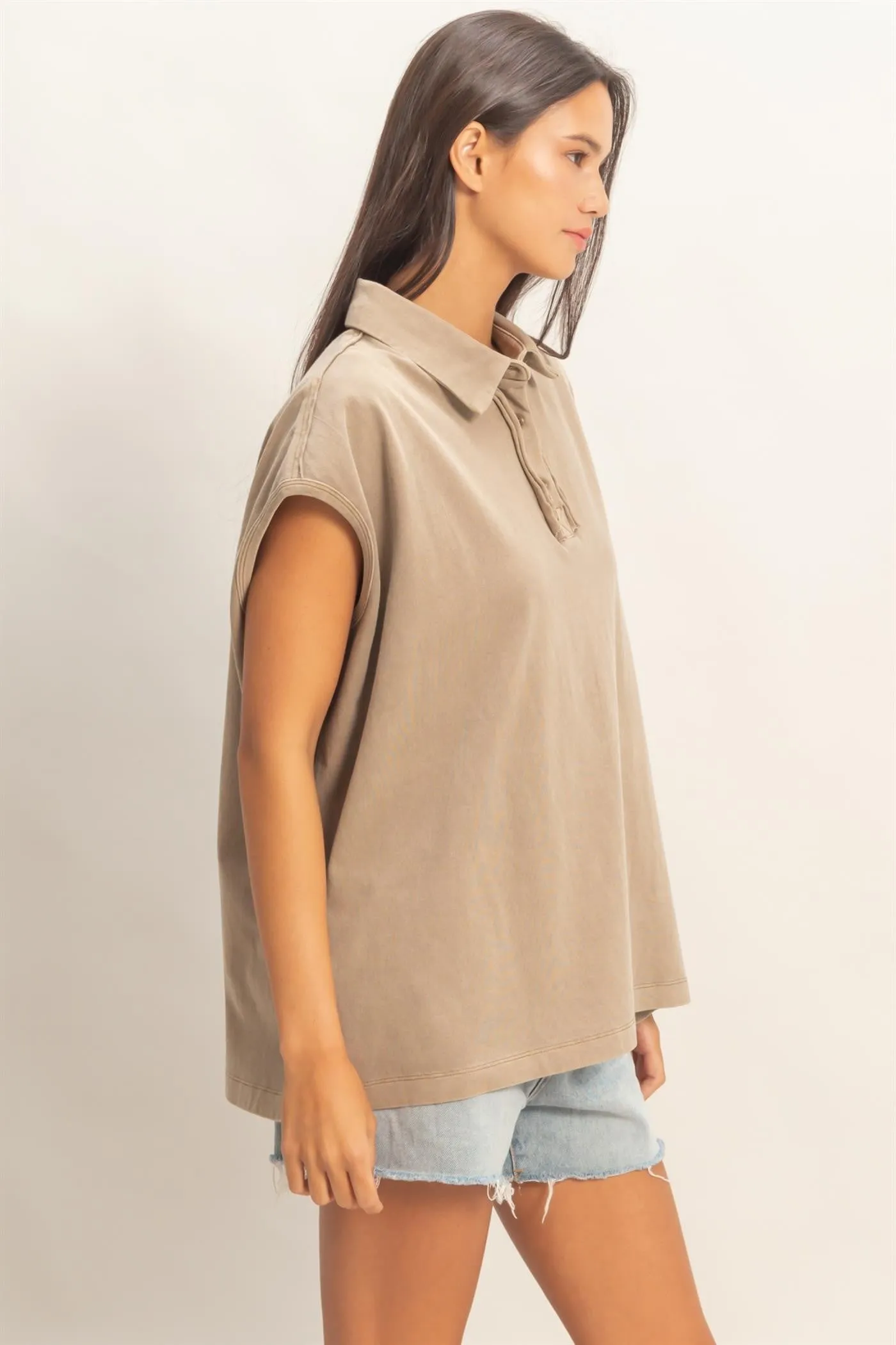 Mocha Pigment Dye Sleeveless Polo Oversized Top sold by Pinkblush product image thumbnail 3