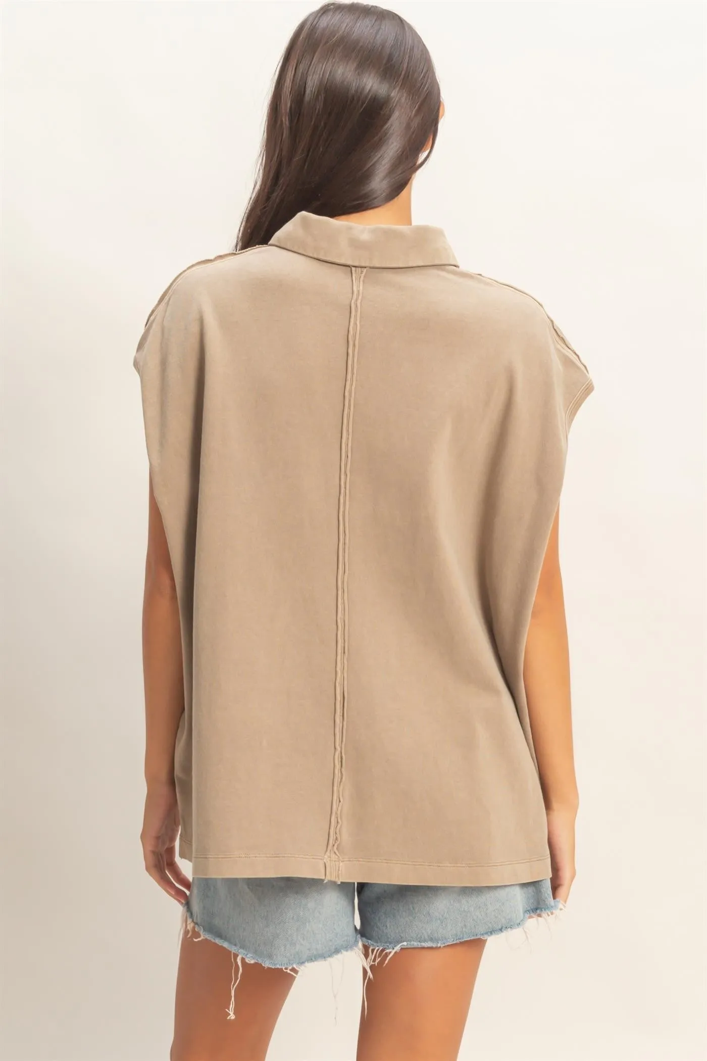 Mocha Pigment Dye Sleeveless Polo Oversized Top sold by Pinkblush product image thumbnail 4