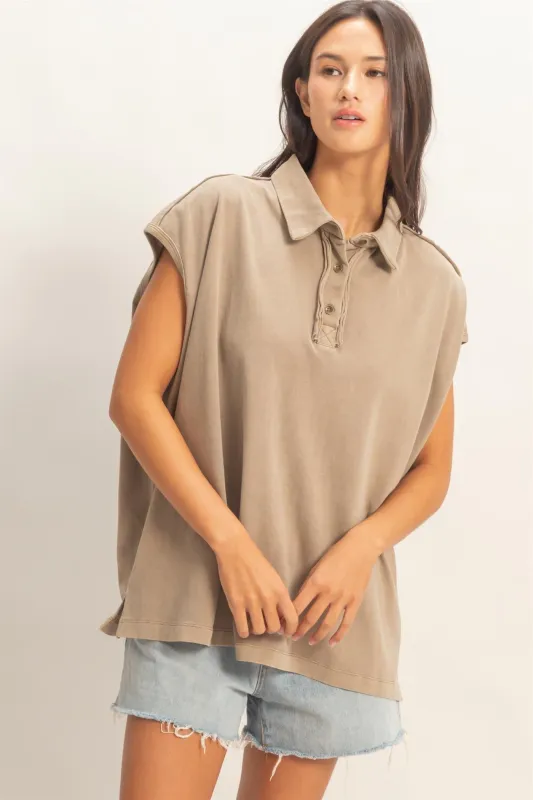 Mocha Pigment Dye Sleeveless Polo Oversized Top made by HYFVE
