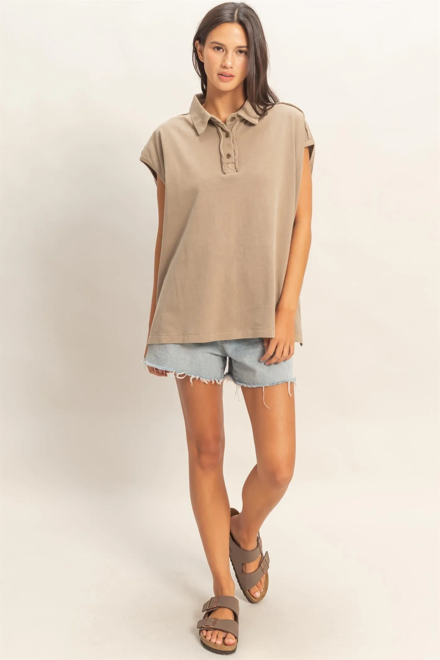 Mocha Pigment Dye Sleeveless Polo Oversized Top sold by Pinkblush product image thumbnail 5