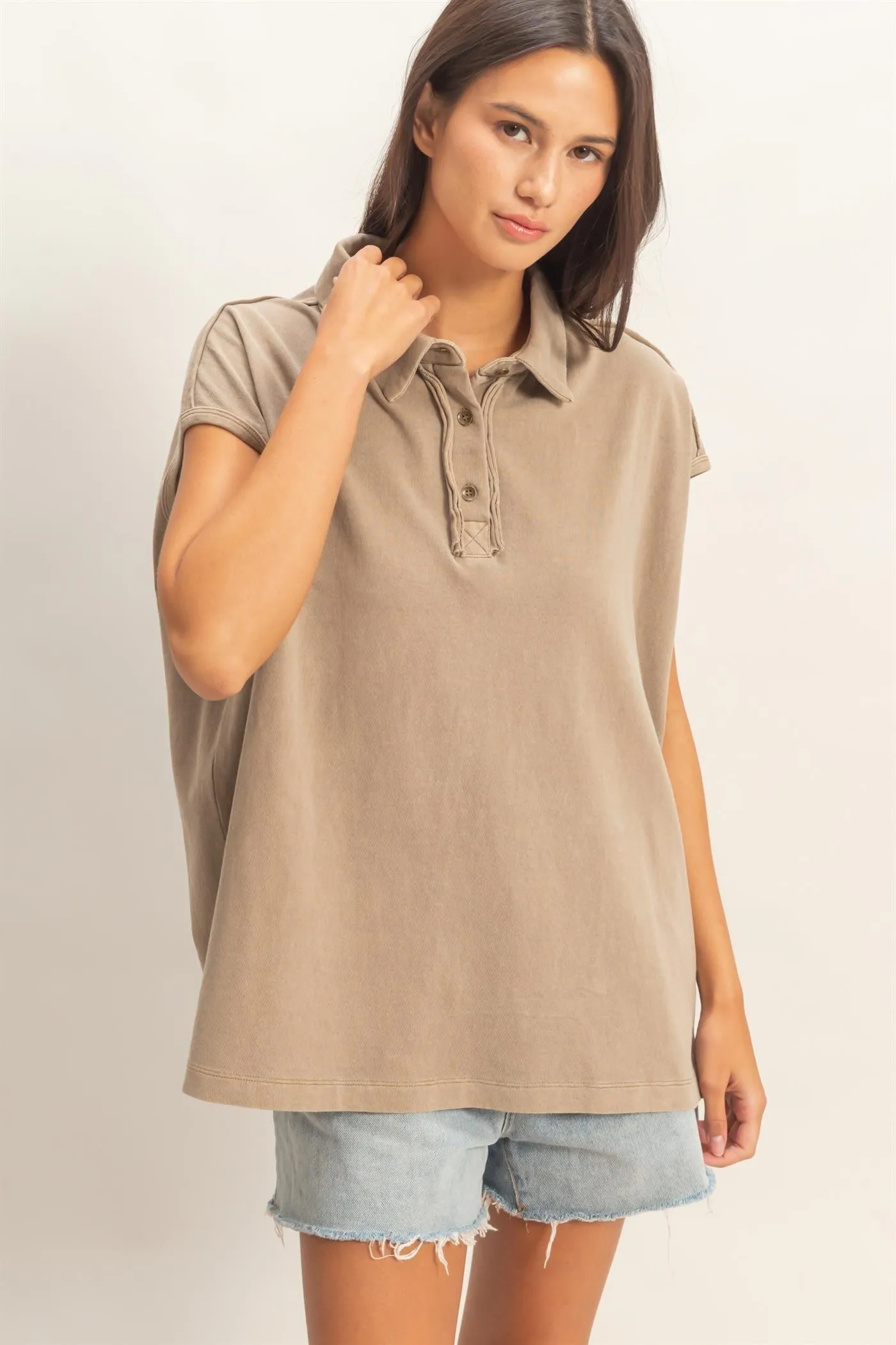 Mocha Pigment Dye Sleeveless Polo Oversized Top sold by Pinkblush product image thumbnail 2