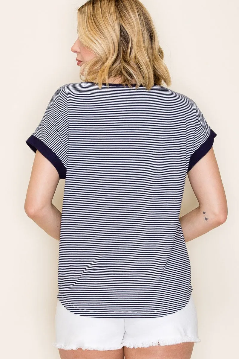 Navy Pinstripe Contrast Trim Top sold by Pinkblush product image thumbnail 3