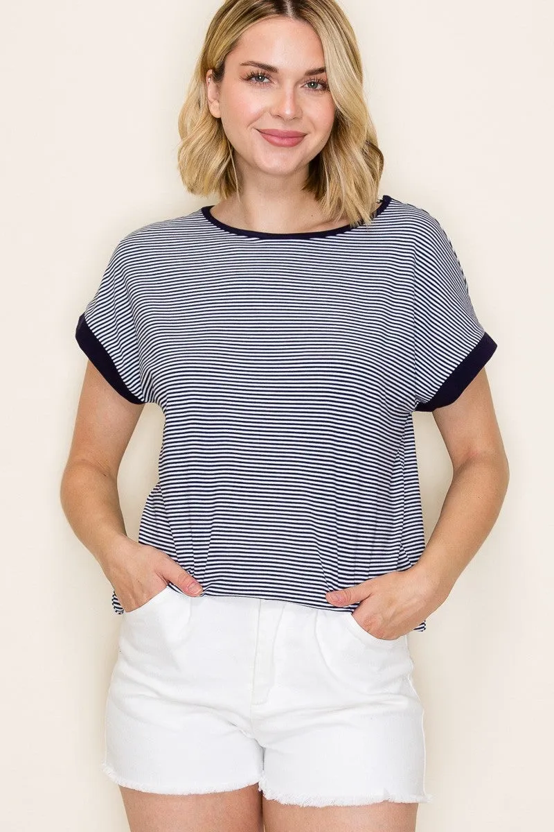 Navy Pinstripe Contrast Trim Top sold by Pinkblush