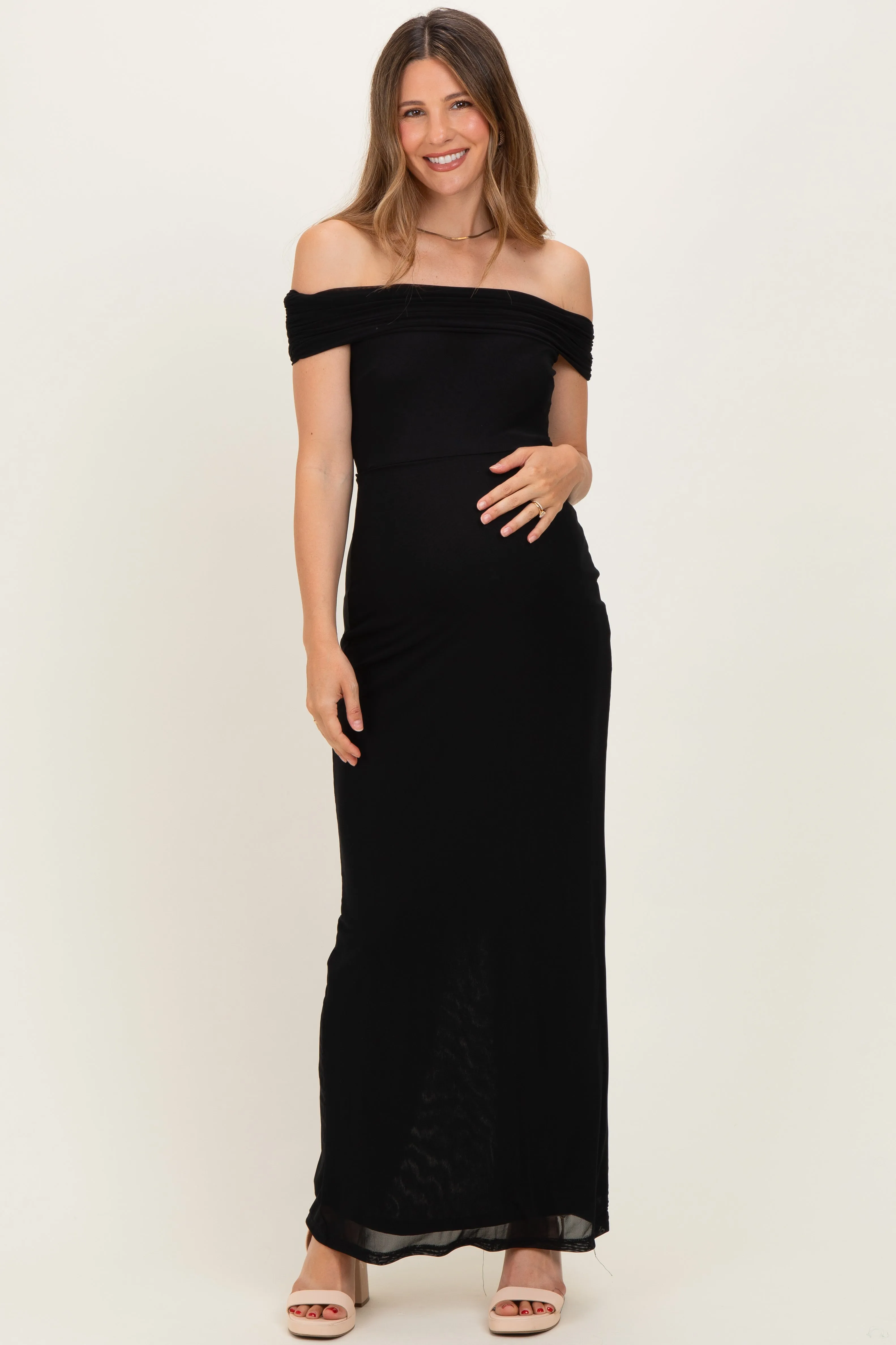 Black Off Shoulder Mesh Maternity Maxi Dress sold by Pinkblush