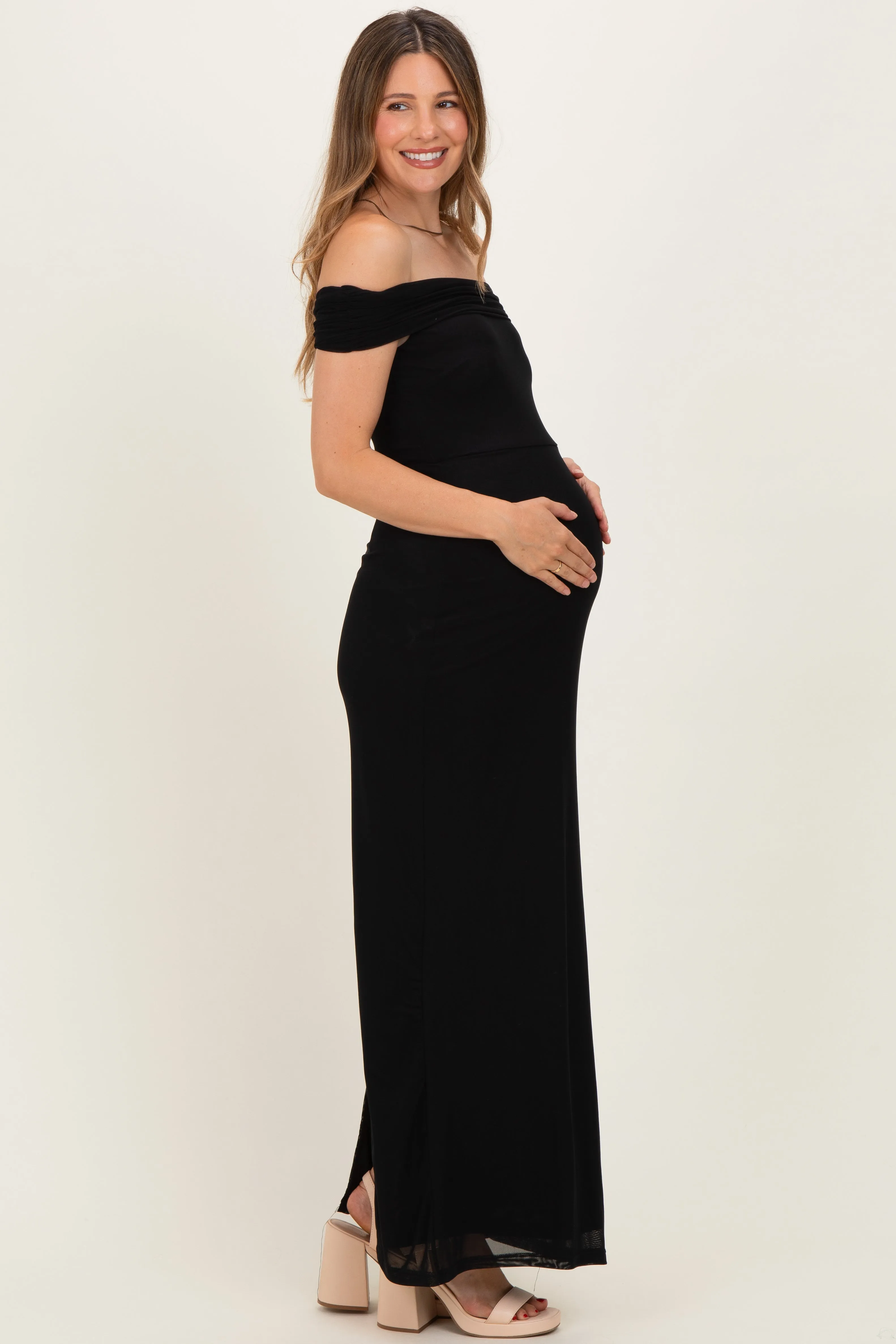 Black Off Shoulder Mesh Maternity Maxi Dress sold by Pinkblush product image thumbnail 2