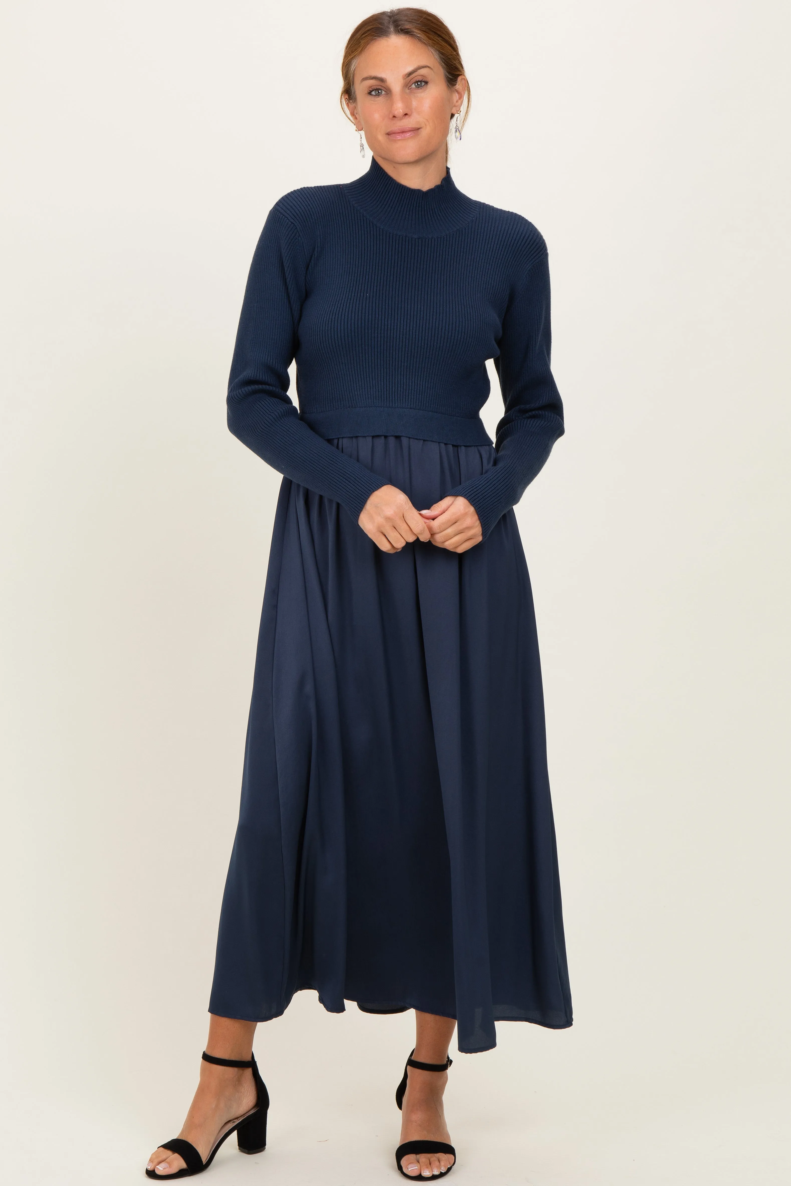 Navy Knit Contrast Top Satin Maternity Midi Dress sold by Pinkblush product image thumbnail 4