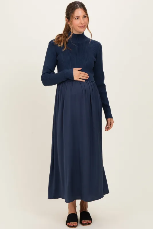 Navy Knit Contrast Top Satin Maternity Midi Dress made by tea n rose