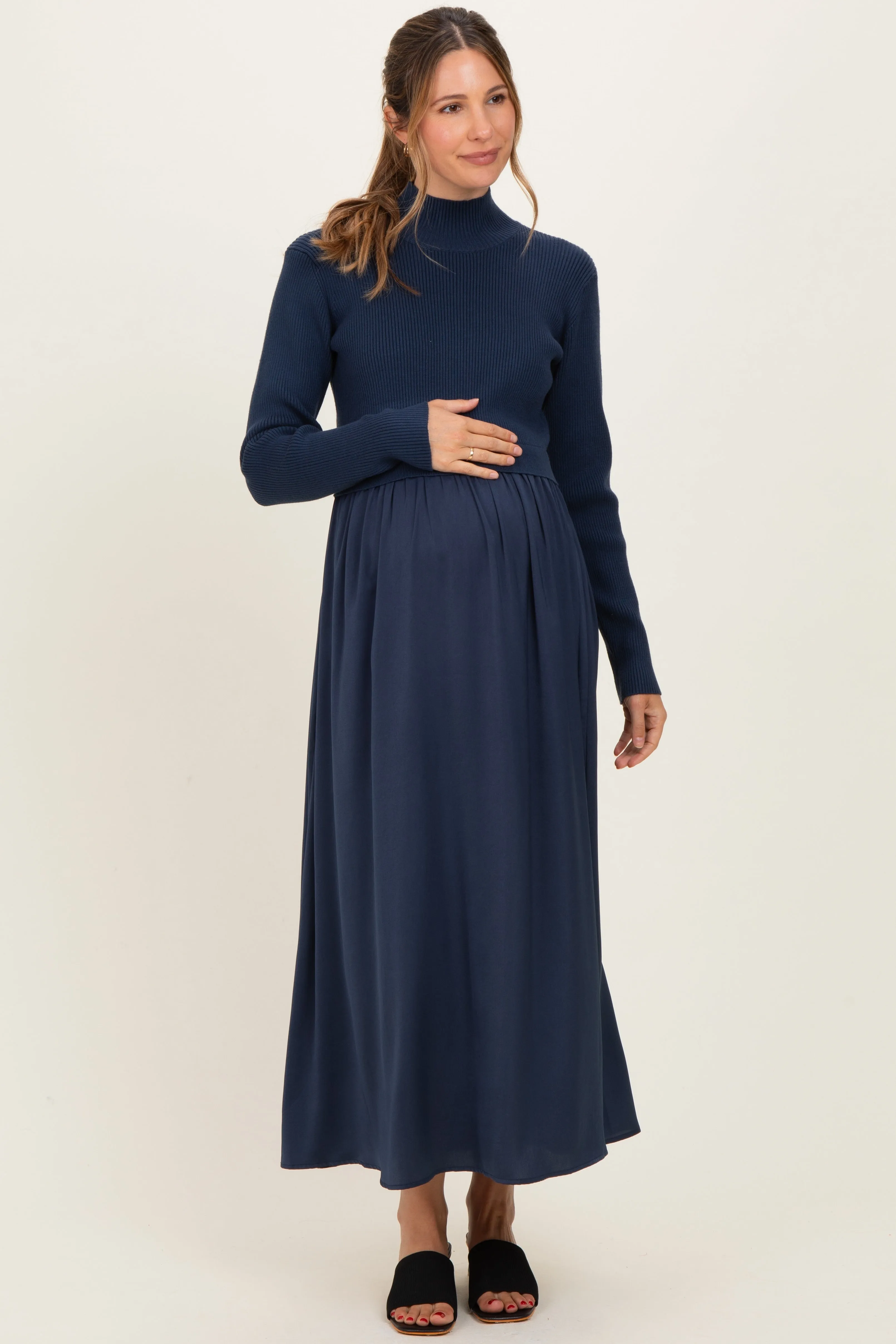 Navy Knit Contrast Top Satin Maternity Midi Dress sold by Pinkblush