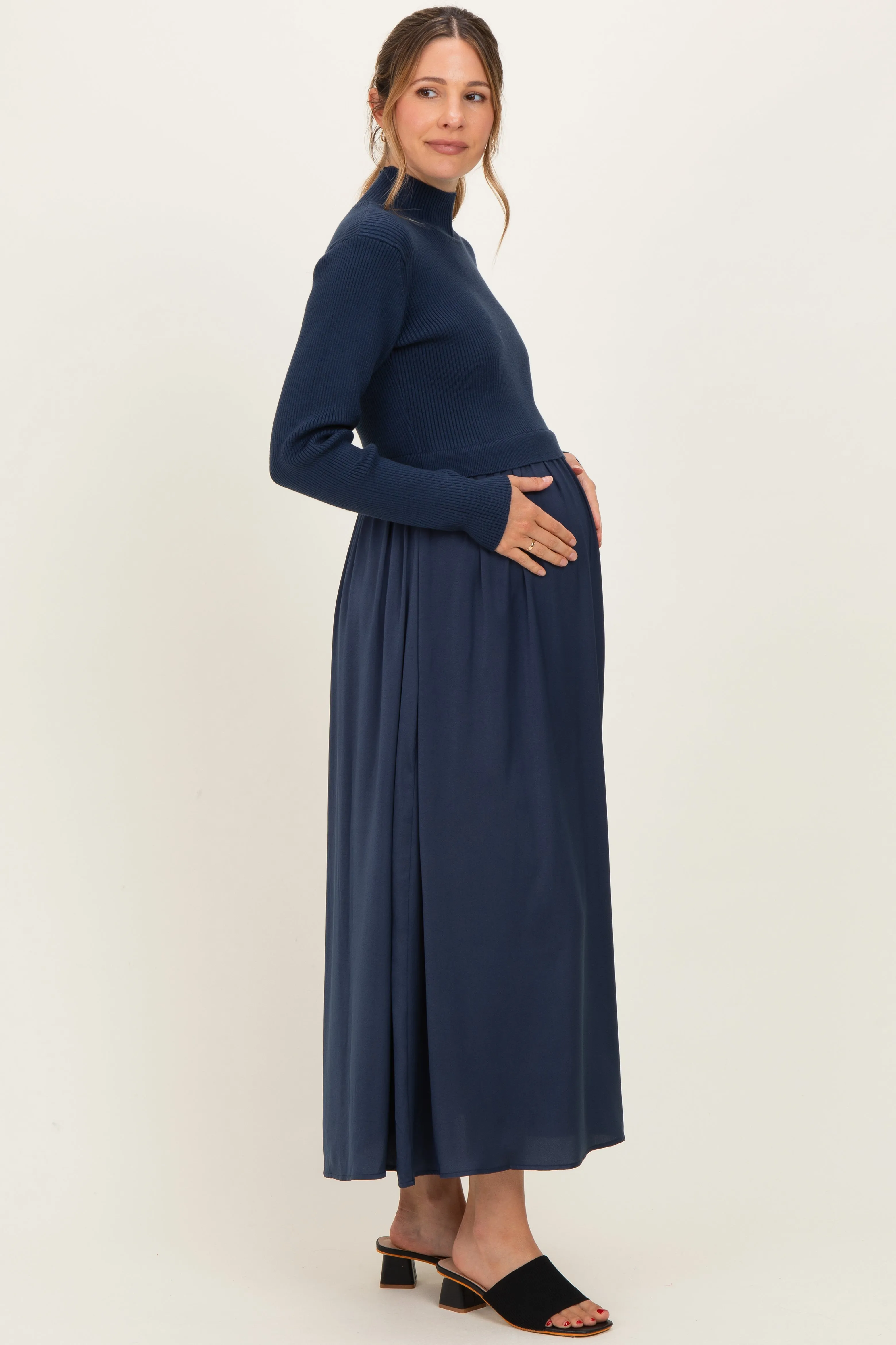 Navy Knit Contrast Top Satin Maternity Midi Dress sold by Pinkblush product image thumbnail 2