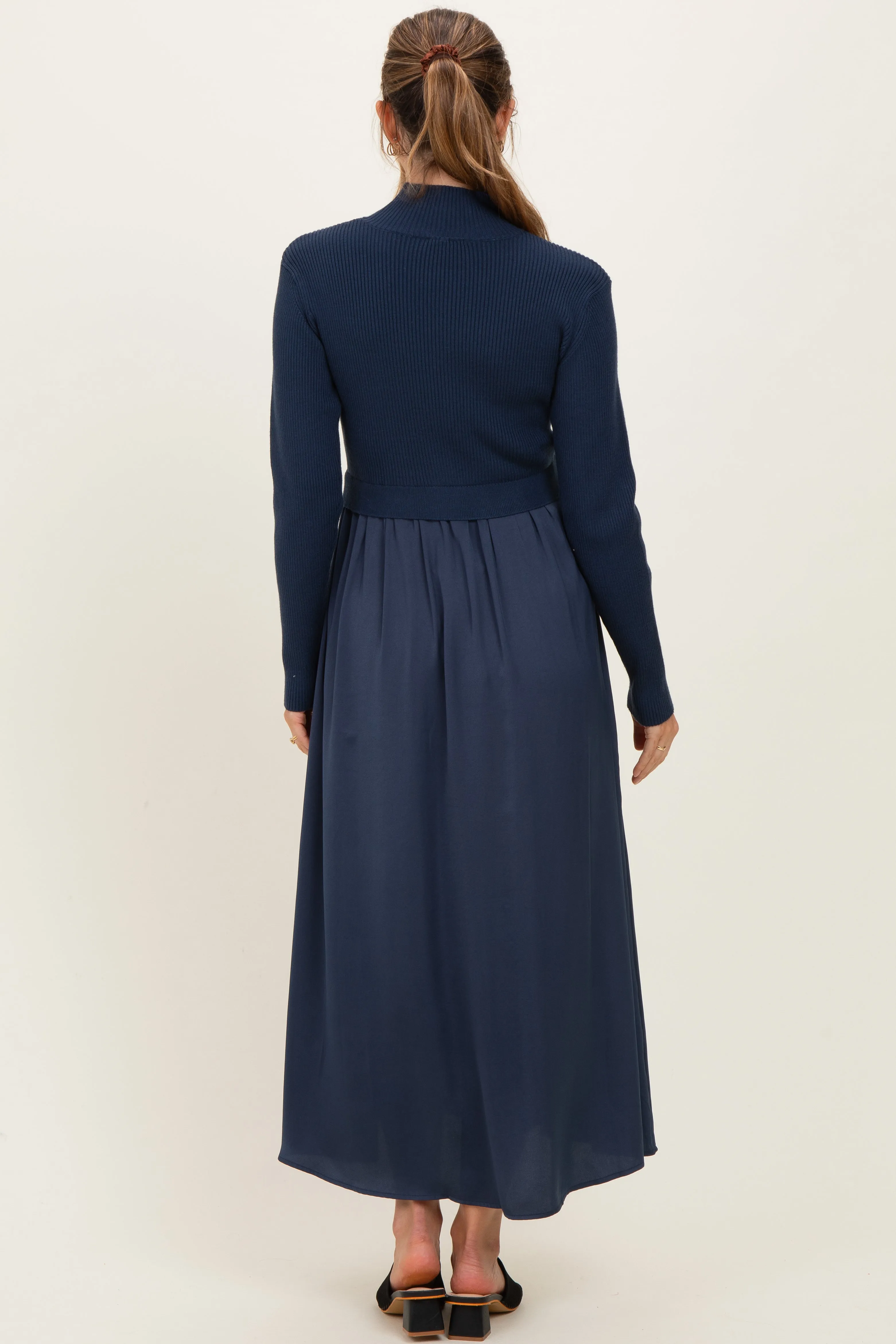 Navy Knit Contrast Top Satin Maternity Midi Dress sold by Pinkblush product image thumbnail 3