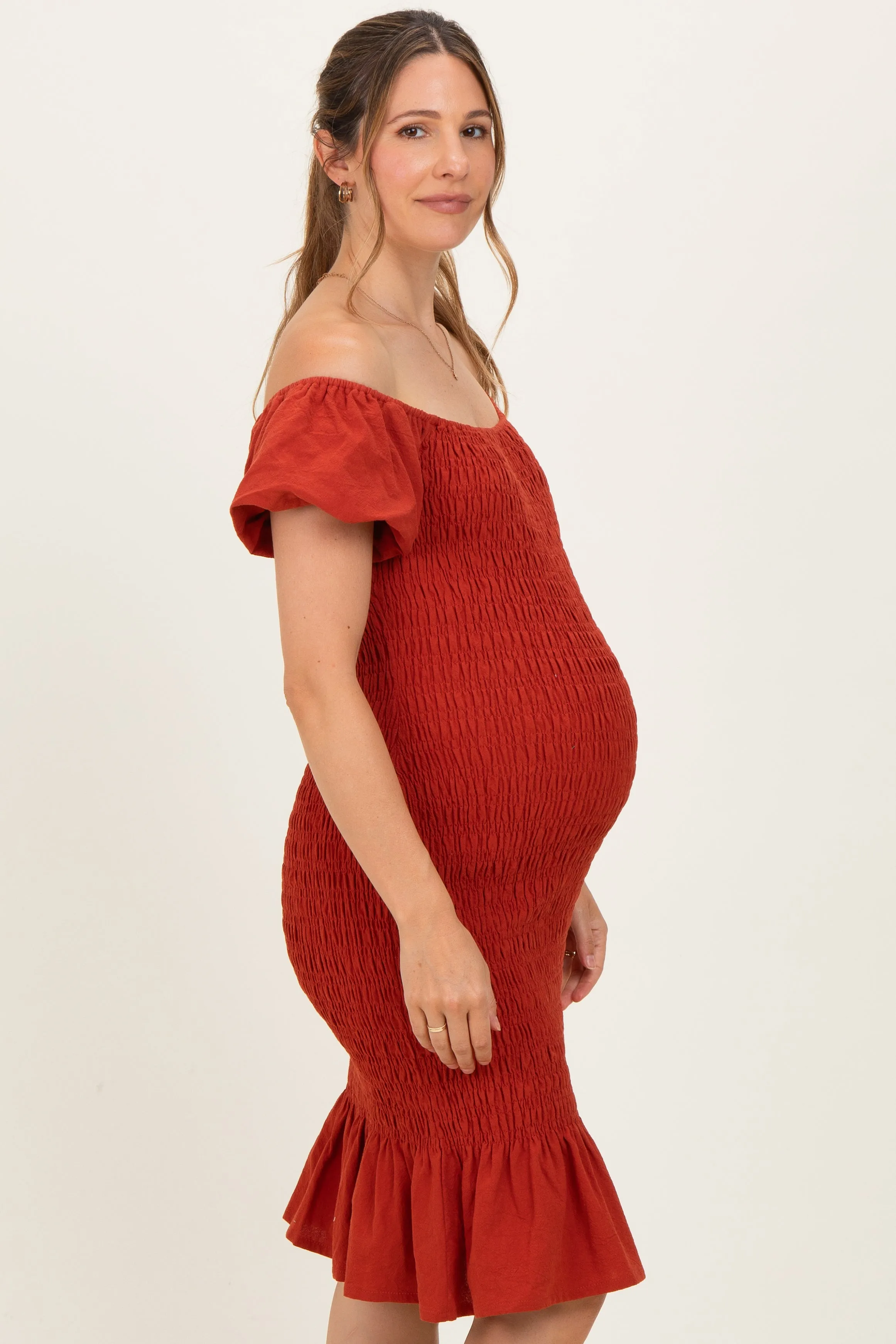 Rust Smocked Off Shoulder Ruffle Hem Maternity Dress sold by Pinkblush product image thumbnail 3