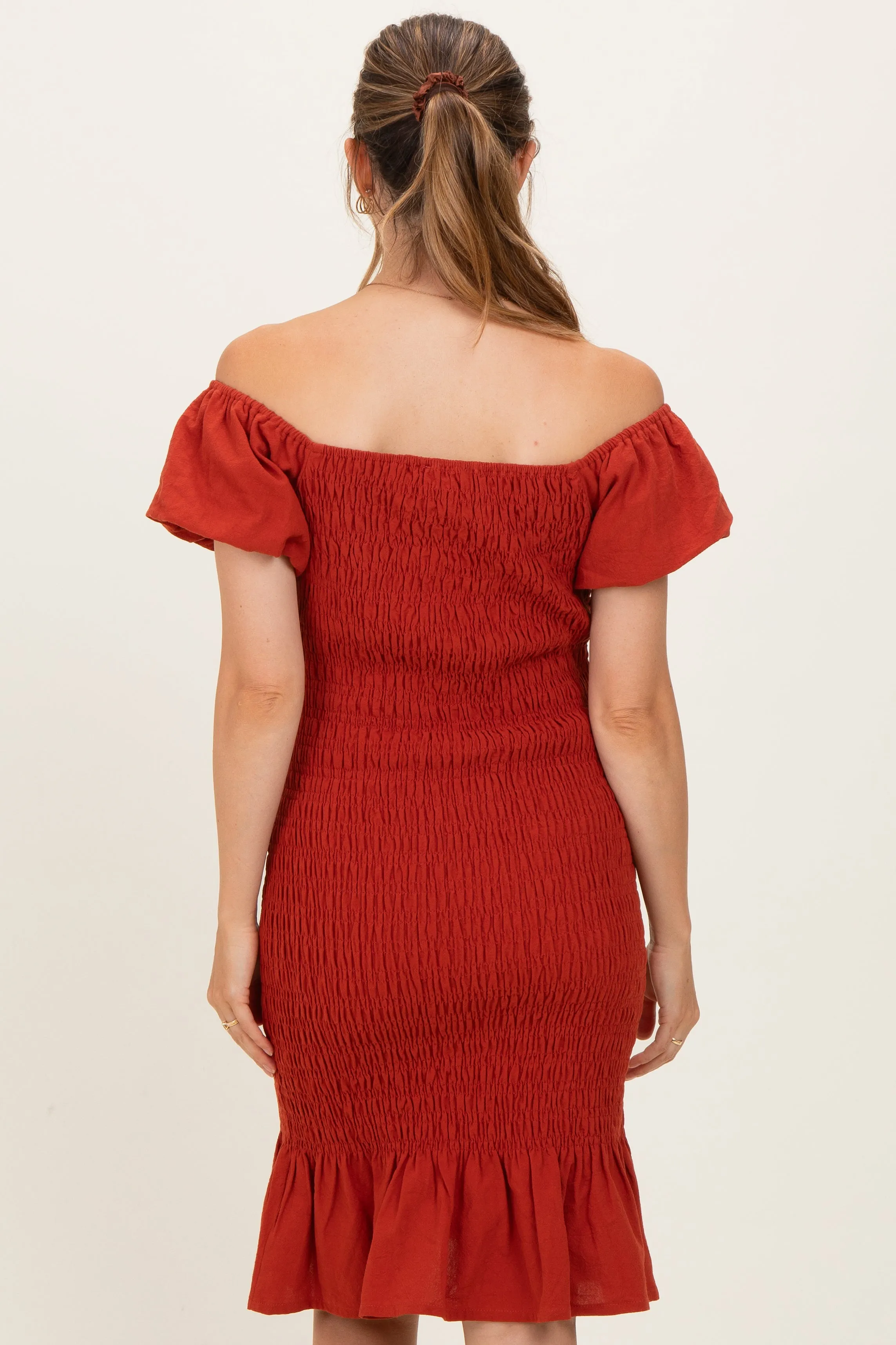Rust Smocked Off Shoulder Ruffle Hem Maternity Dress sold by Pinkblush product image thumbnail 4