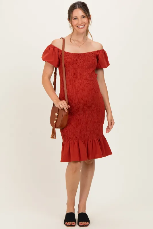 Rust Smocked Off Shoulder Ruffle Hem Maternity Dress made by Hello MIZ