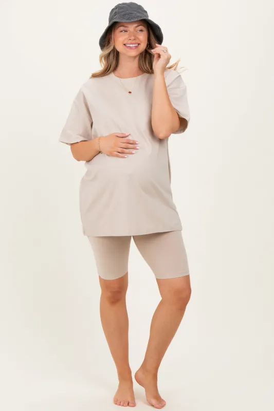 Sand Beige Biker Shorts Maternity Set made by Zenana Outfitters