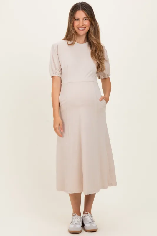 Beige Puff Sleeve Maternity Midi Dress made by Polagram