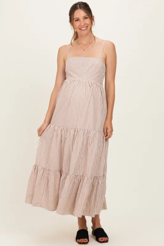 Light Taupe Diagonal Stripe Front Tier Maternity Dress made by Mustard Seed