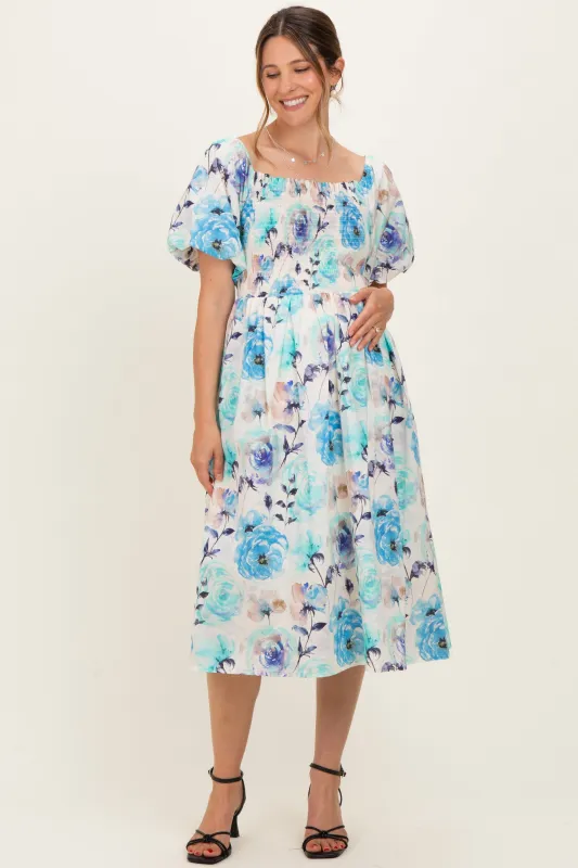 Blue Floral Smocked Puff Sleeve Maternity Midi Dress made by She and Sky
