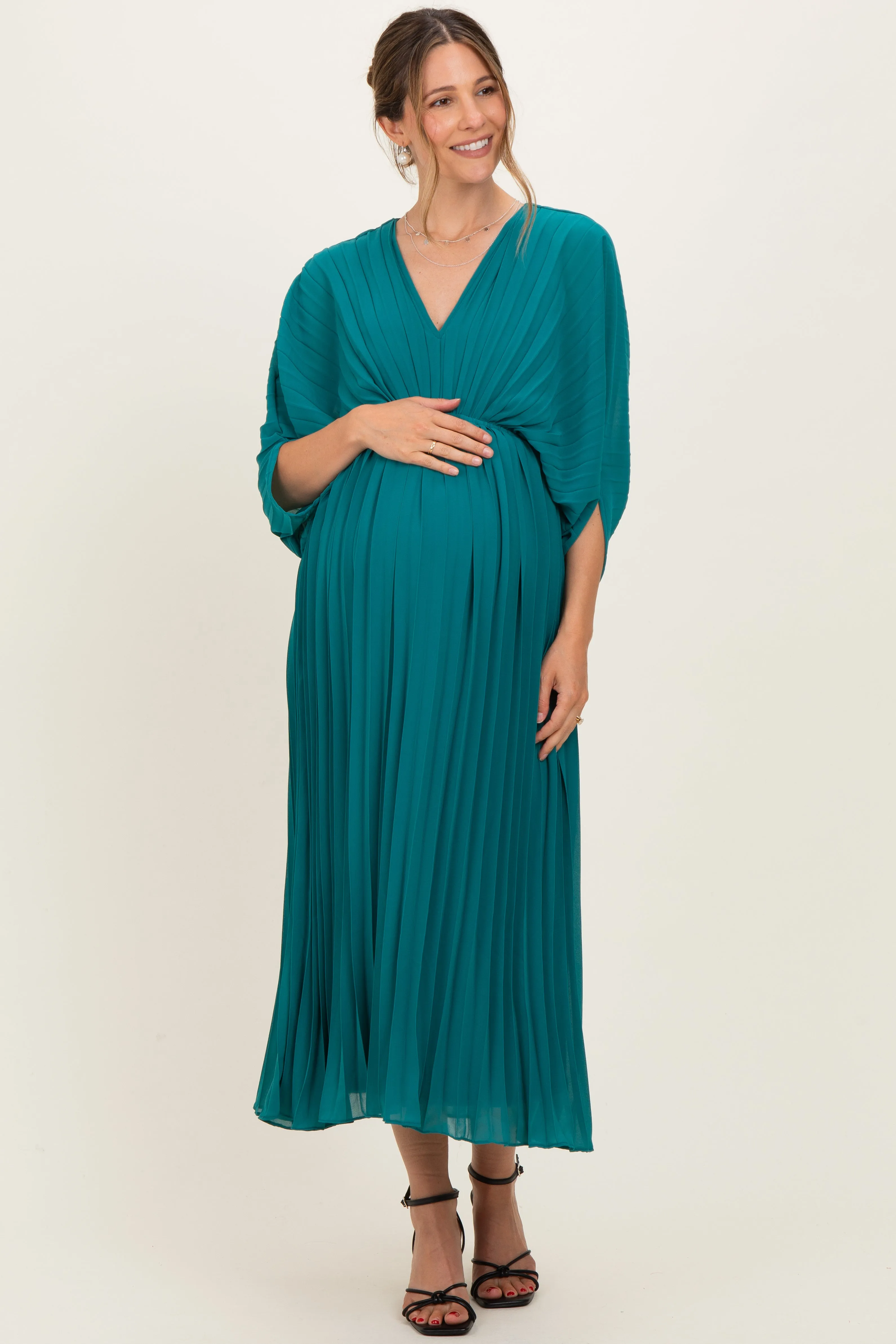 Teal Pleated V Neck Maternity Maxi Dress sold by Pinkblush product image thumbnail 2