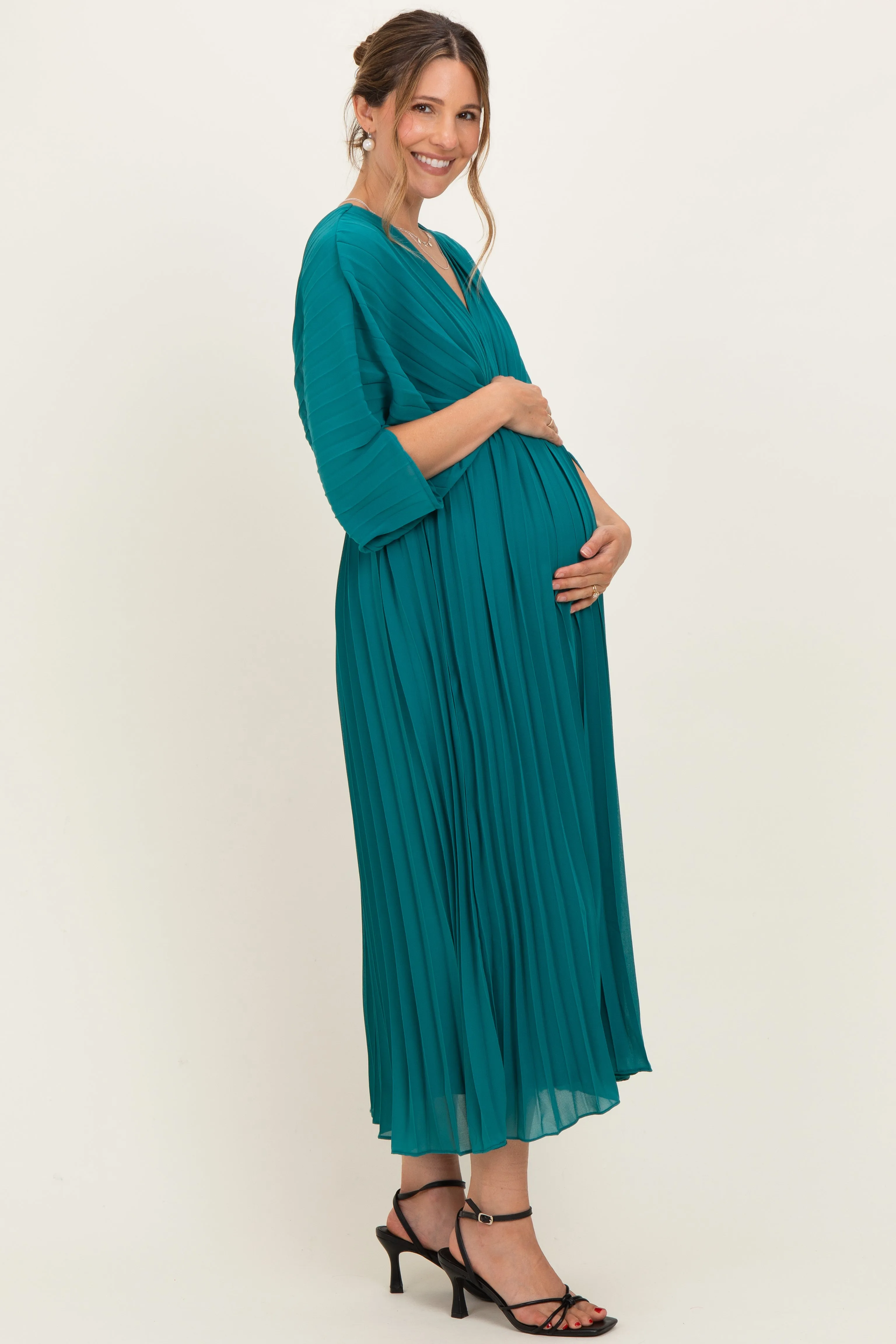 Teal Pleated V Neck Maternity Maxi Dress sold by Pinkblush product image thumbnail 3