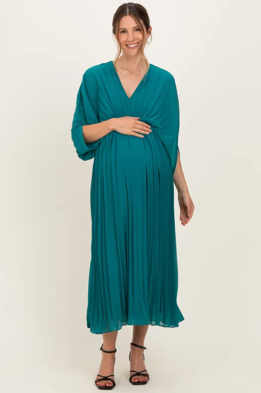Teal Pleated V Neck Maternity Maxi Dress made by Pinkblush