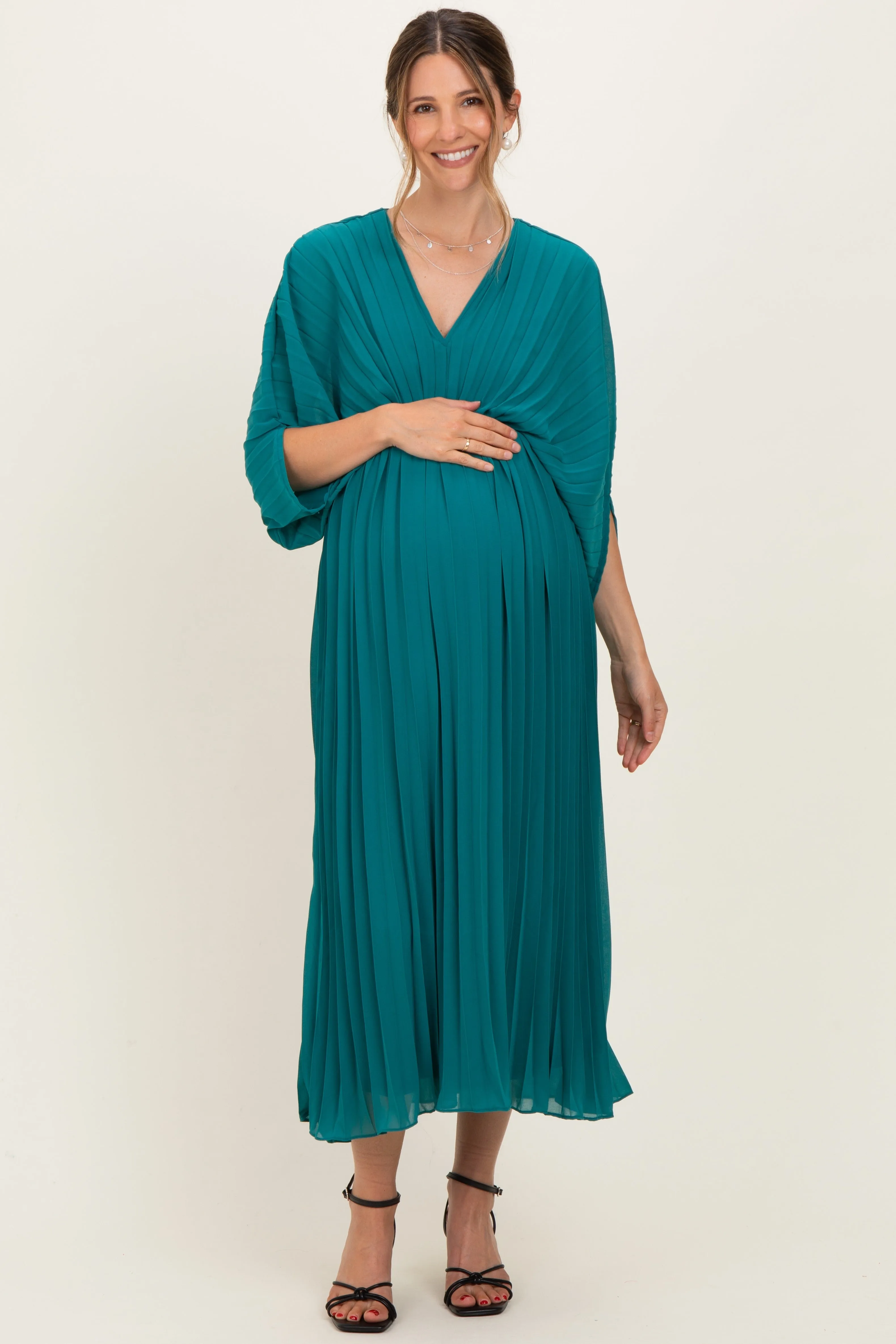 Teal Pleated V Neck Maternity Maxi Dress sold by Pinkblush