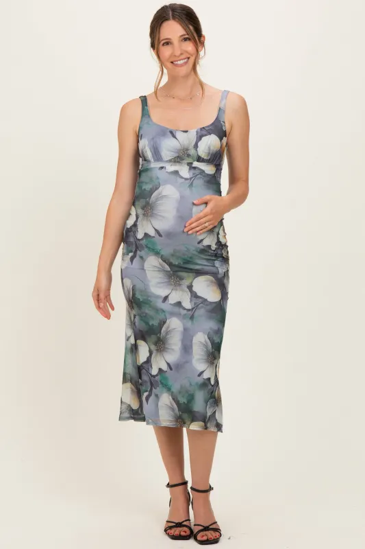Grey Mesh Floral Sleeveless Maternity Midi Dress made by privy