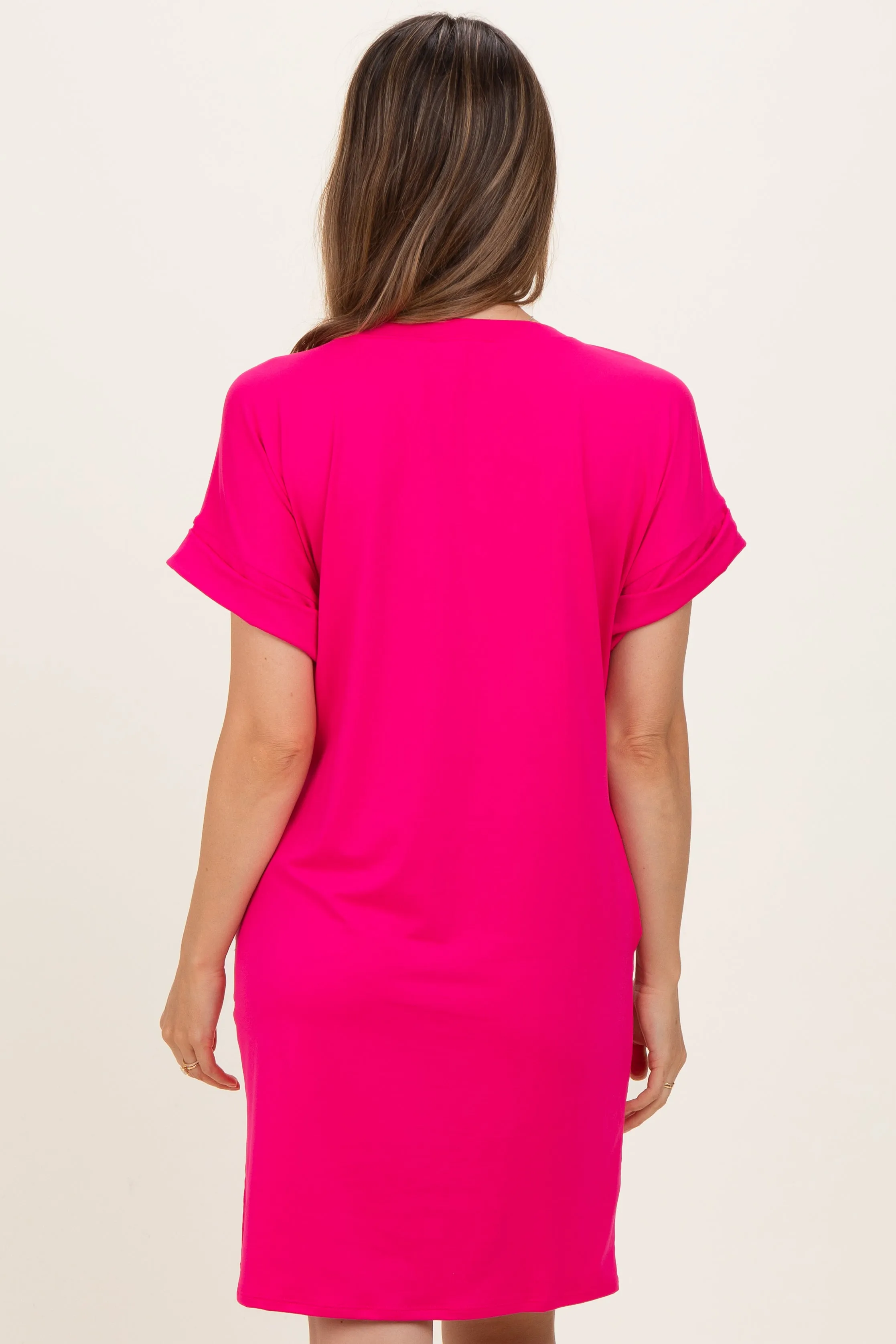 Hot Pink Brushed Rolled Short Sleeve V-Neck Maternity Dress sold by Pinkblush product image thumbnail 4