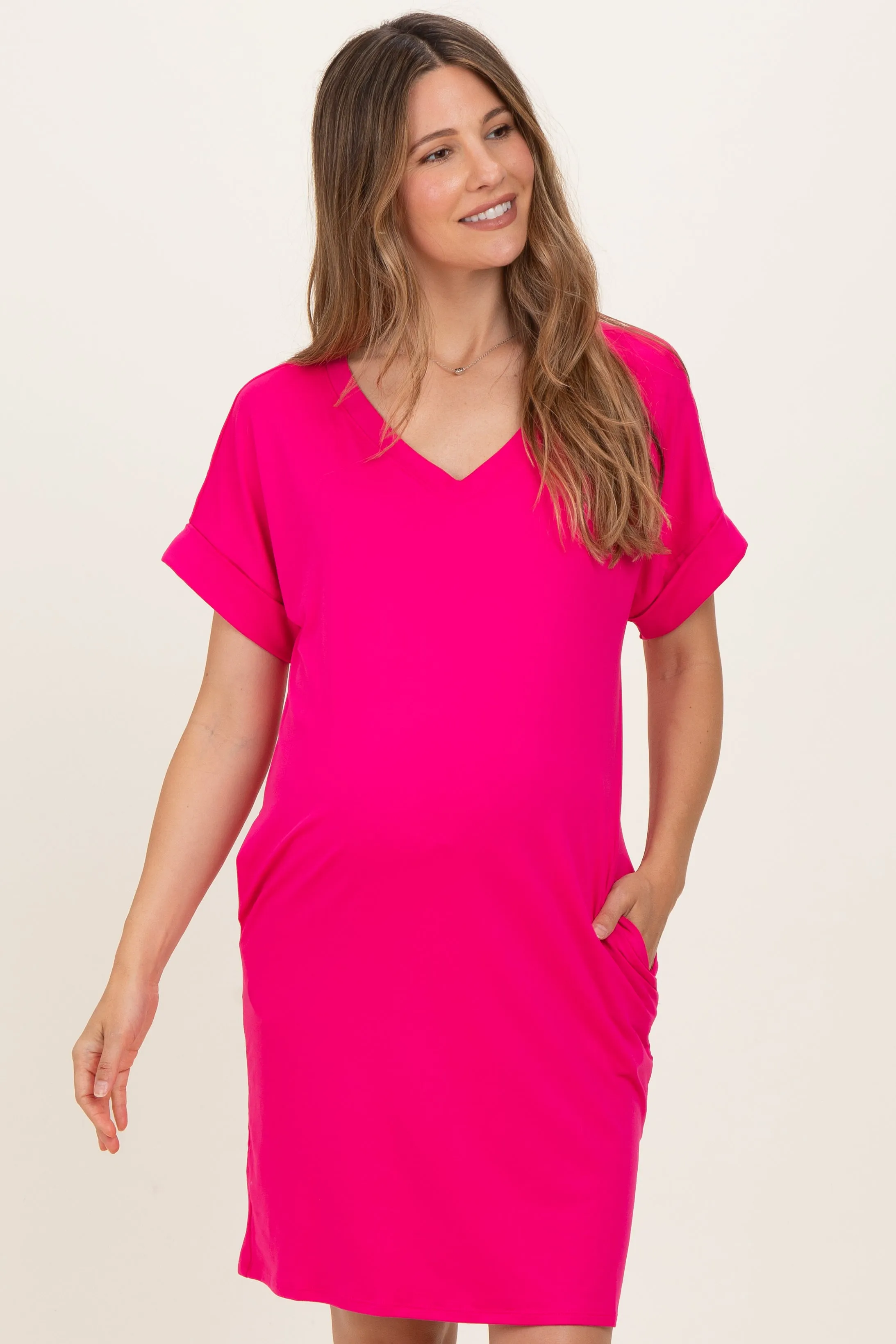 Hot Pink Brushed Rolled Short Sleeve V-Neck Maternity Dress sold by Pinkblush product image thumbnail 2