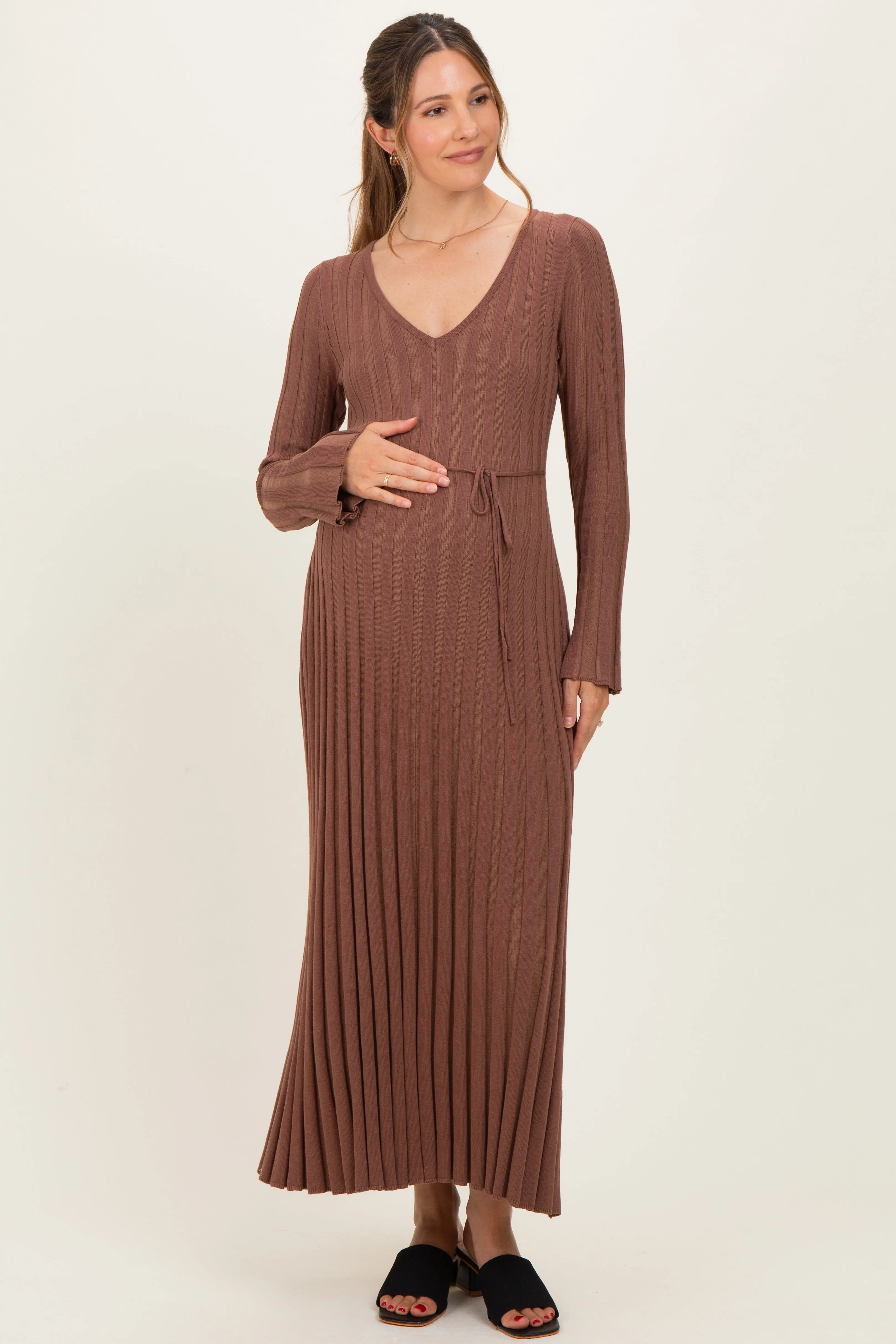 Brown Ribbed Maternity Knit Maxi Dress sold by Pinkblush
