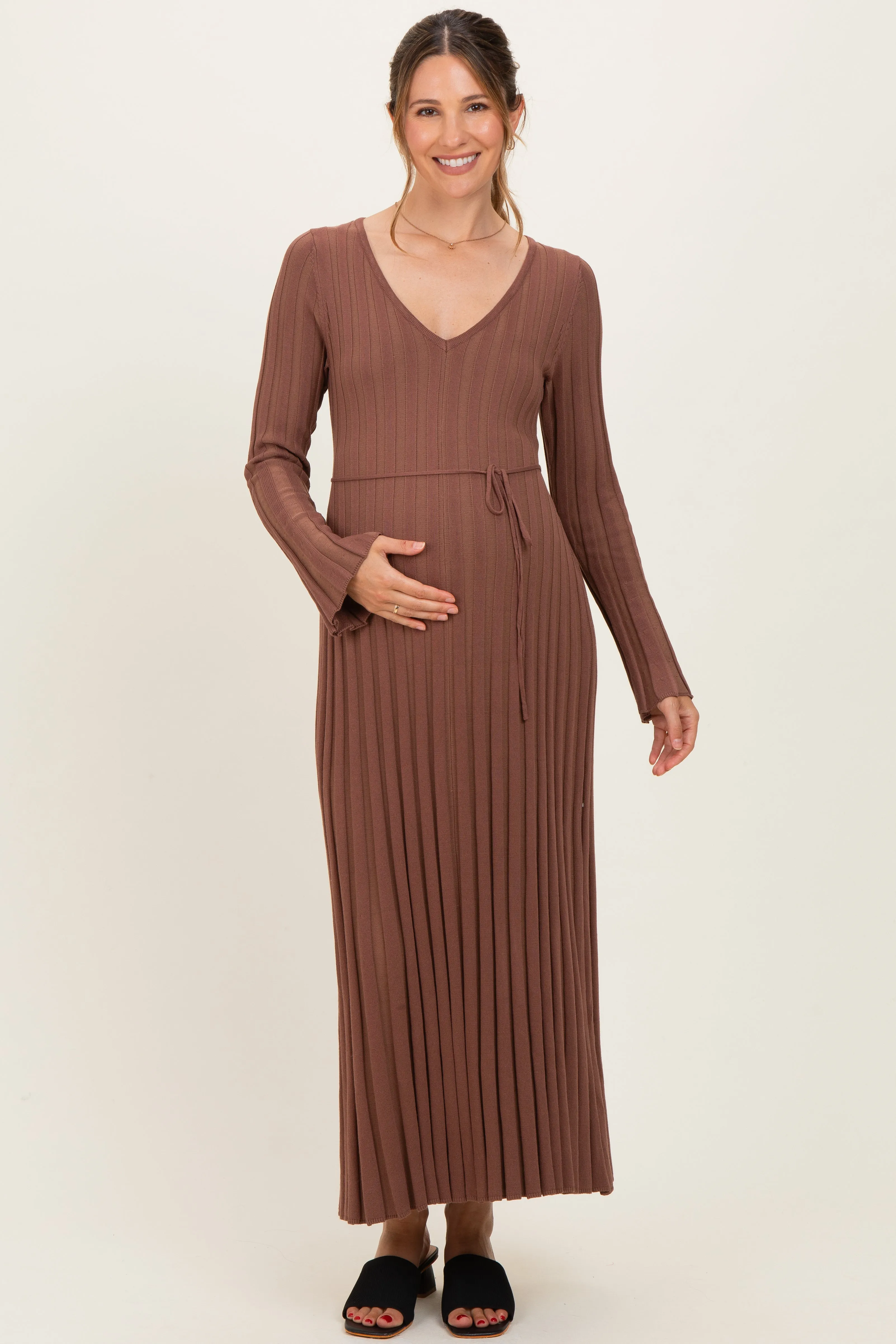 Brown Ribbed Maternity Knit Maxi Dress sold by Pinkblush product image thumbnail 2