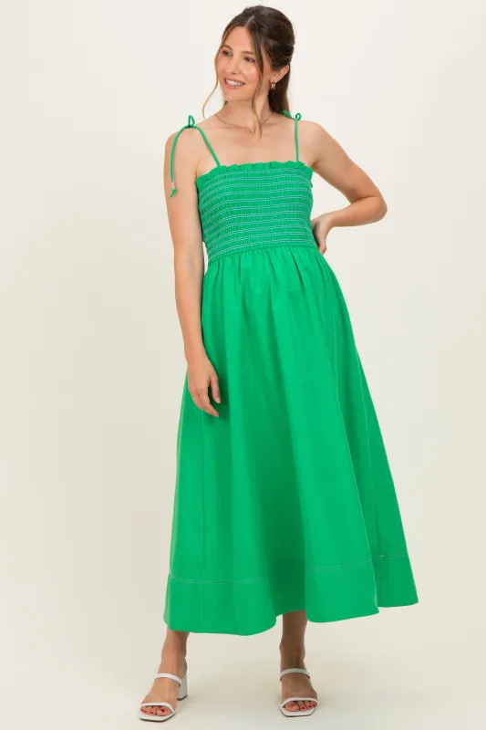 Green Smocked Shoulder Tie Maternity Midi Dress made by entro
