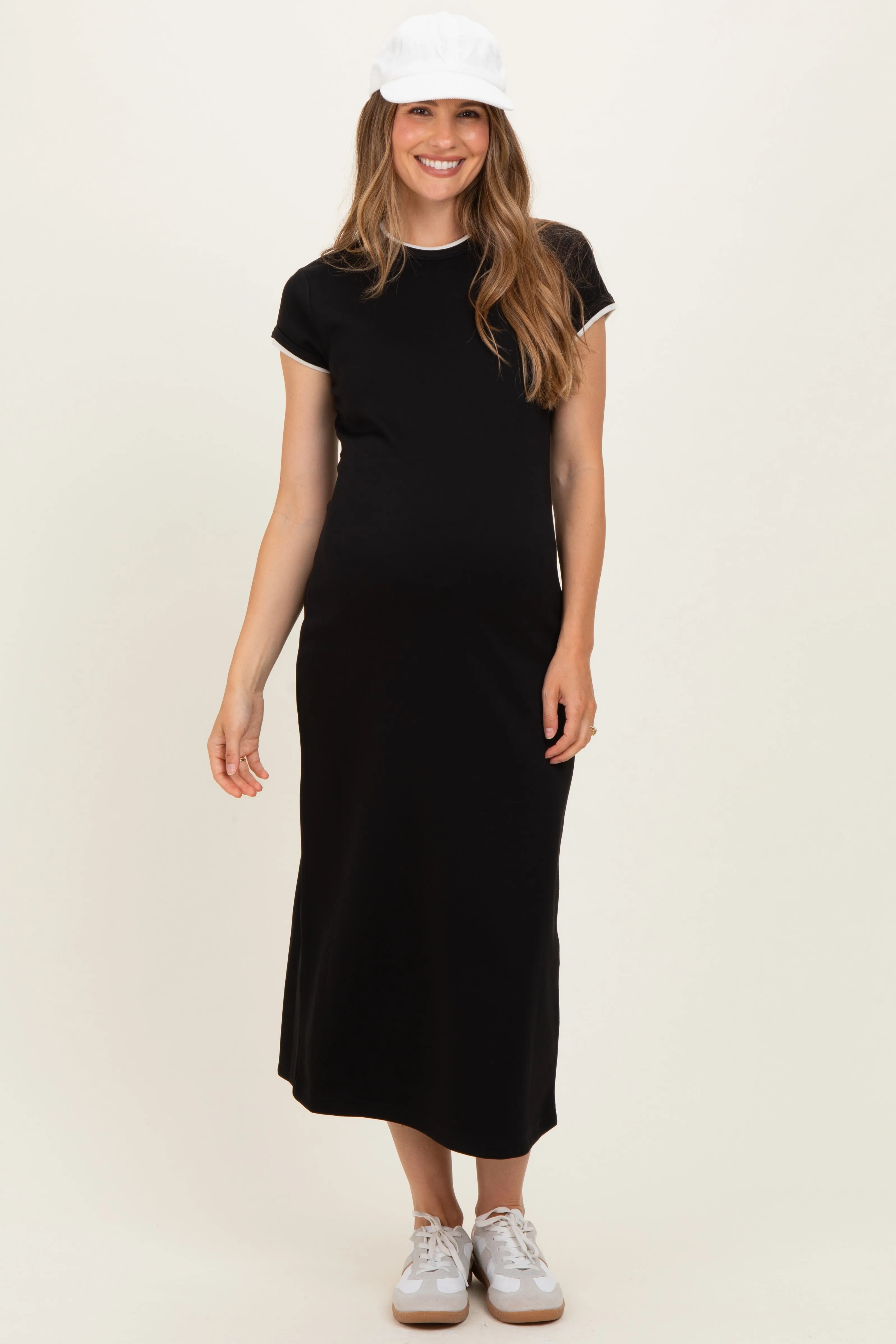Black Contrast Trim Short Sleeve Maternity Midi Dress sold by Pinkblush
