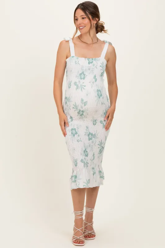 Sage Floral Shoulder Tie Fitted Maternity Midi Dress made by Hello MIZ