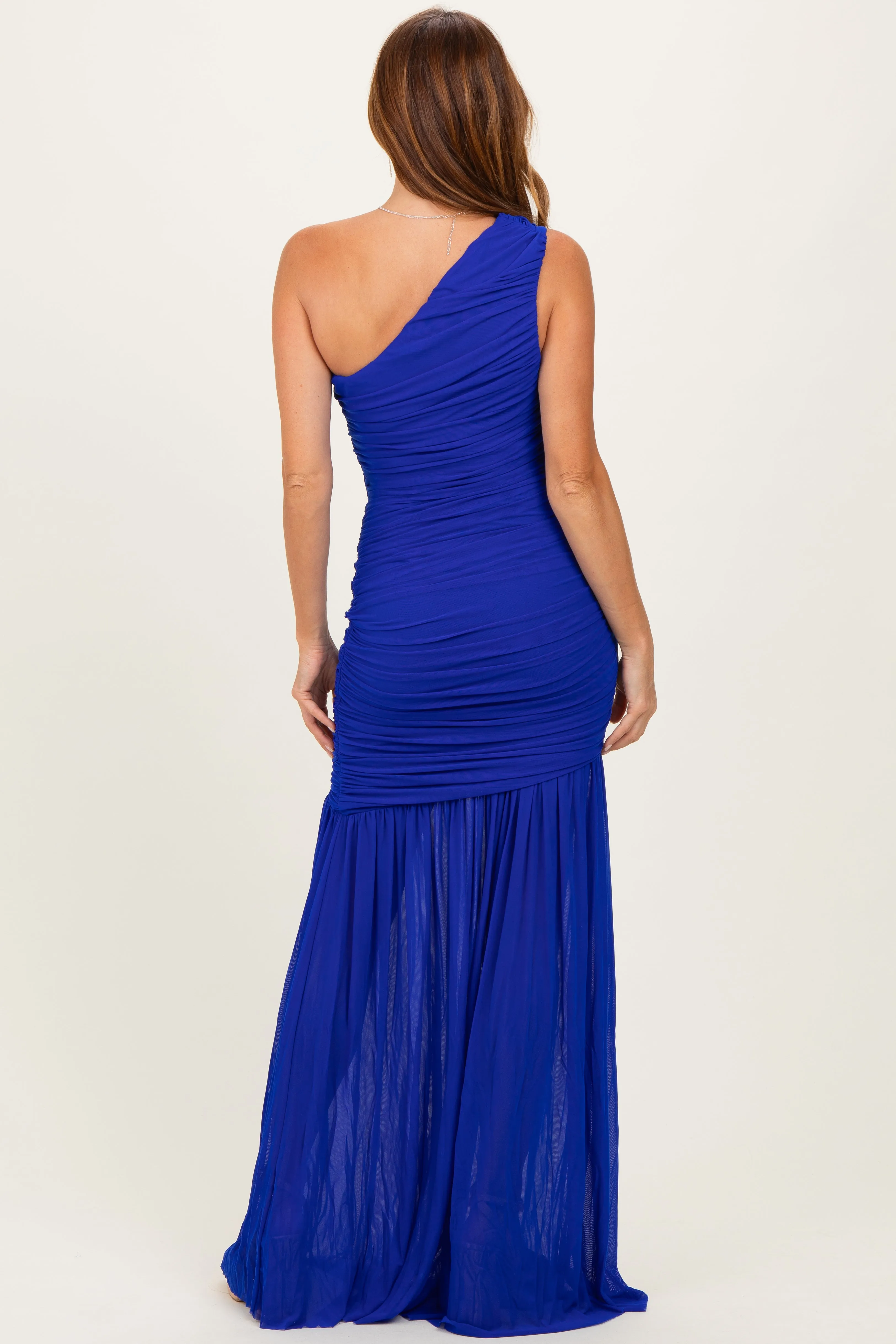 Royal Blue Ruched Mesh One Shoulder Maxi Dress sold by Pinkblush product image thumbnail 3