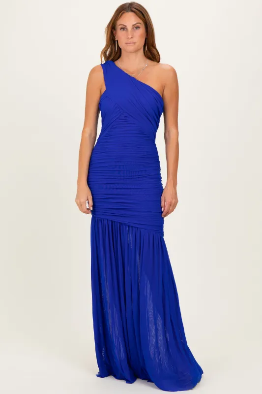 Royal Blue Ruched Mesh One Shoulder Maxi Dress made by cameo