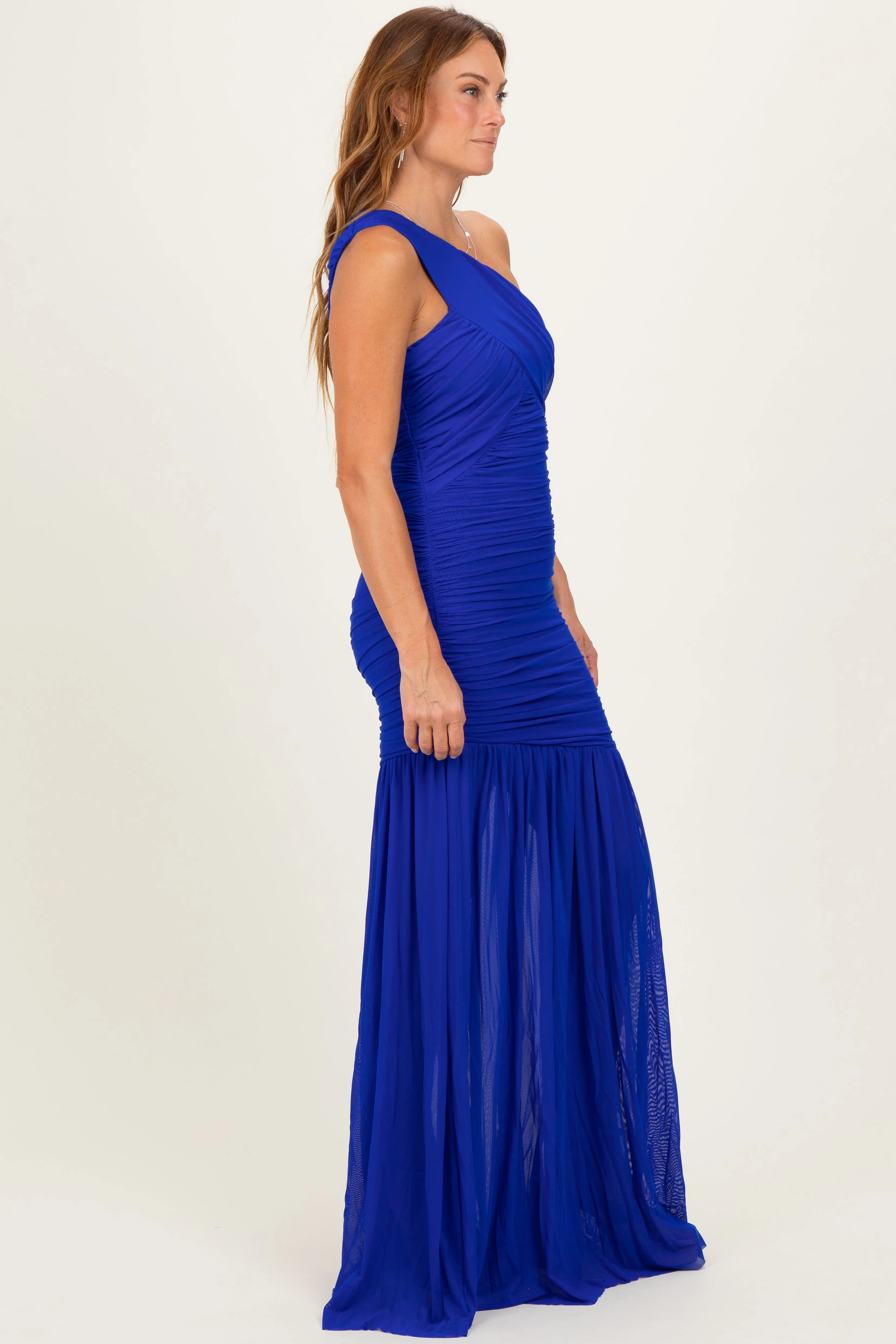 Royal Blue Ruched Mesh One Shoulder Maxi Dress sold by Pinkblush product image thumbnail 2