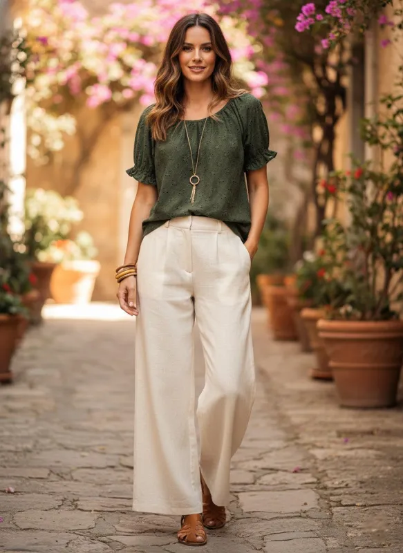 Olive Eyelet Lace Puff Sleeve Blouse made by Timing