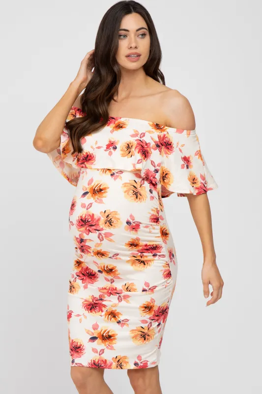 Ivory Floral Off Shoulder Maternity Fitted Dress made by Hello MIZ