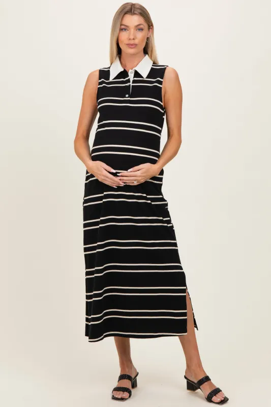 Black Striped Sleeveless Collared Maternity Midi Dress made by entro