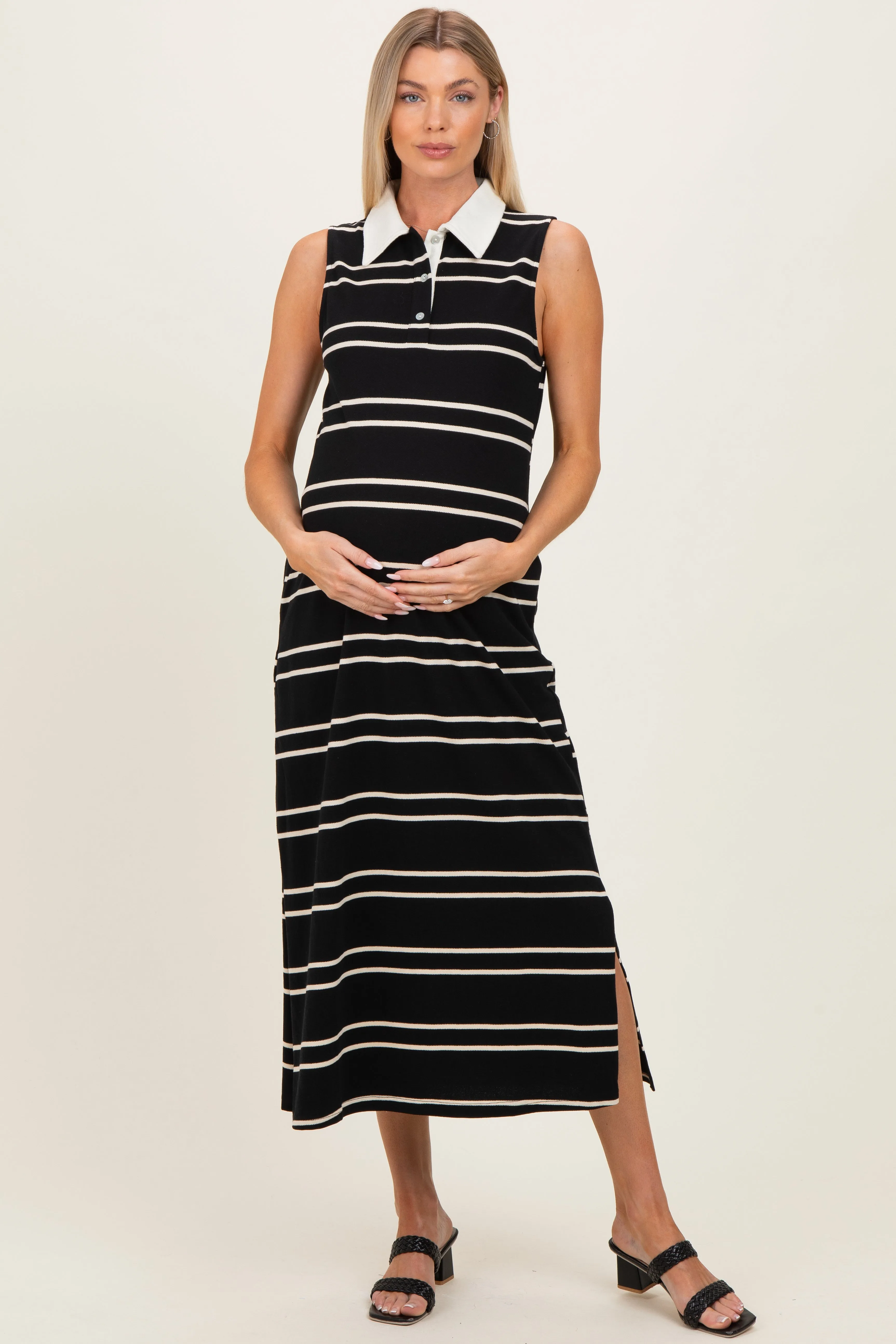Black Striped Sleeveless Collared Maternity Midi Dress sold by Pinkblush
