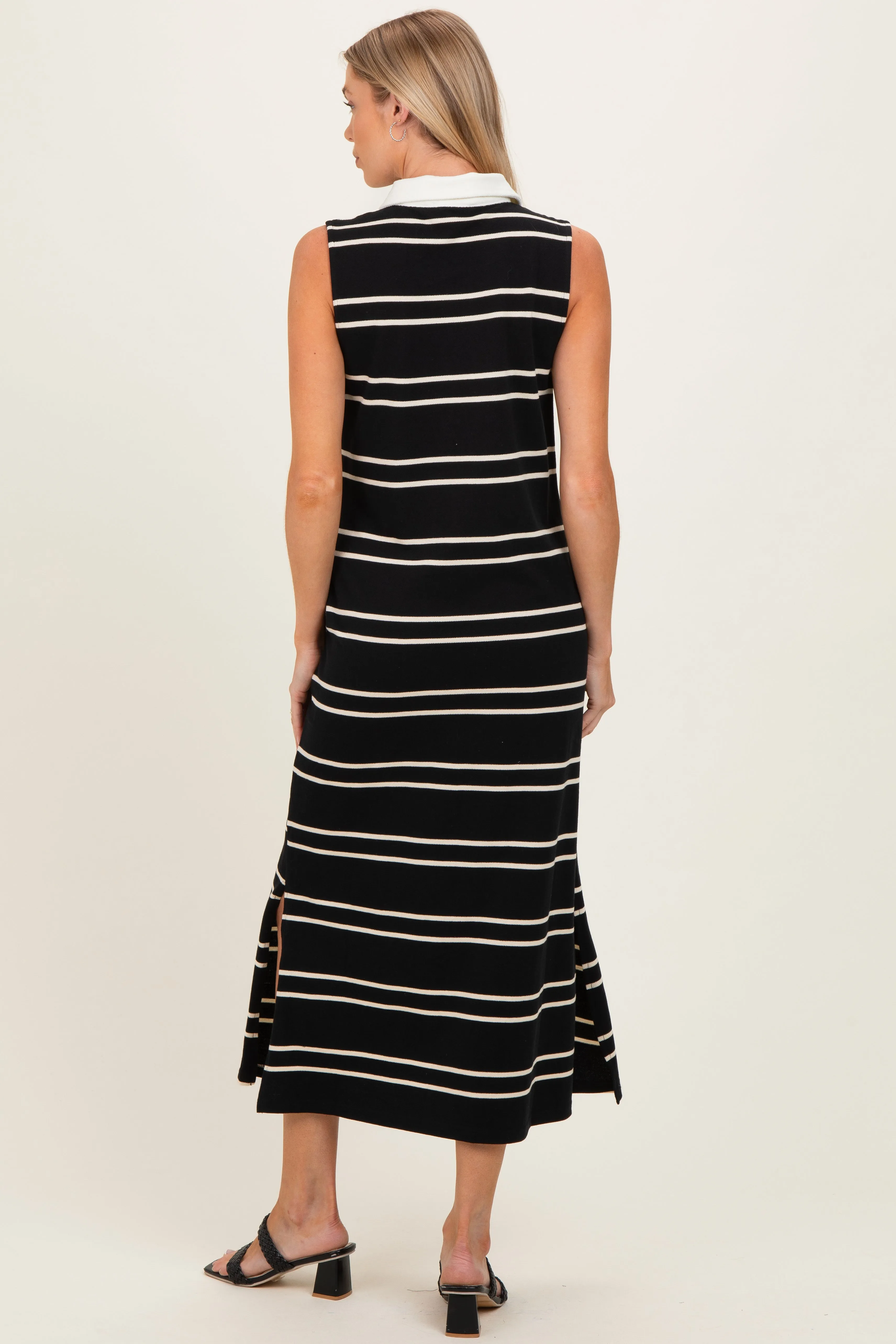 Black Striped Sleeveless Collared Maternity Midi Dress sold by Pinkblush product image thumbnail 3