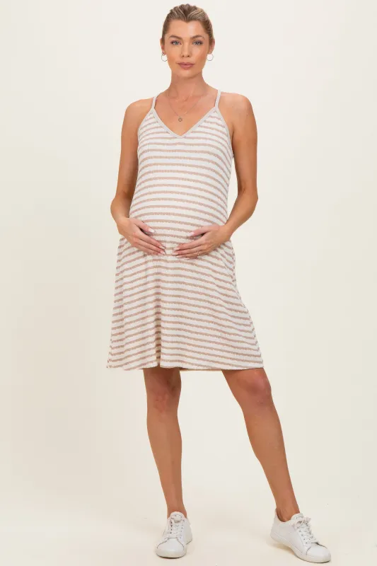 Cream/ Camel Striped Sleeveless Halter Maternity Mini Dress made by Pinkblush