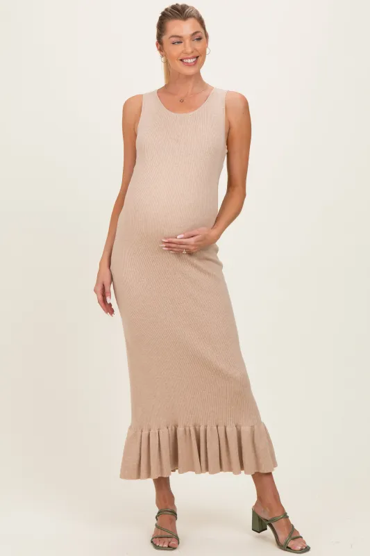 Oatmeal Ribbed Knit Sleeveless Ruffle Hem Maternity Maxi Dress made by Able