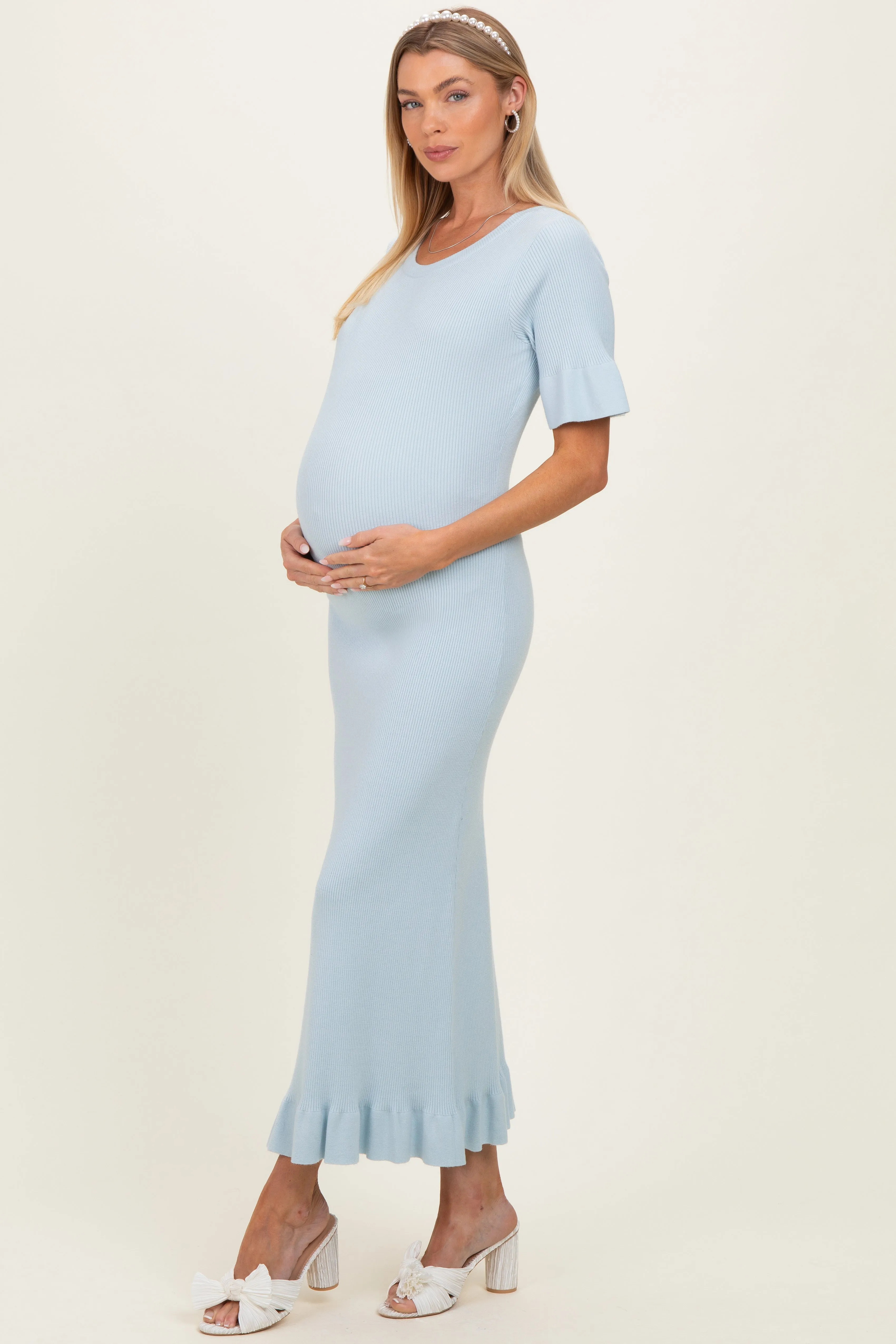 Sky Ribbed Knit Bow Back Ruffle Accent Maternity Dress sold by Pinkblush product image thumbnail 2
