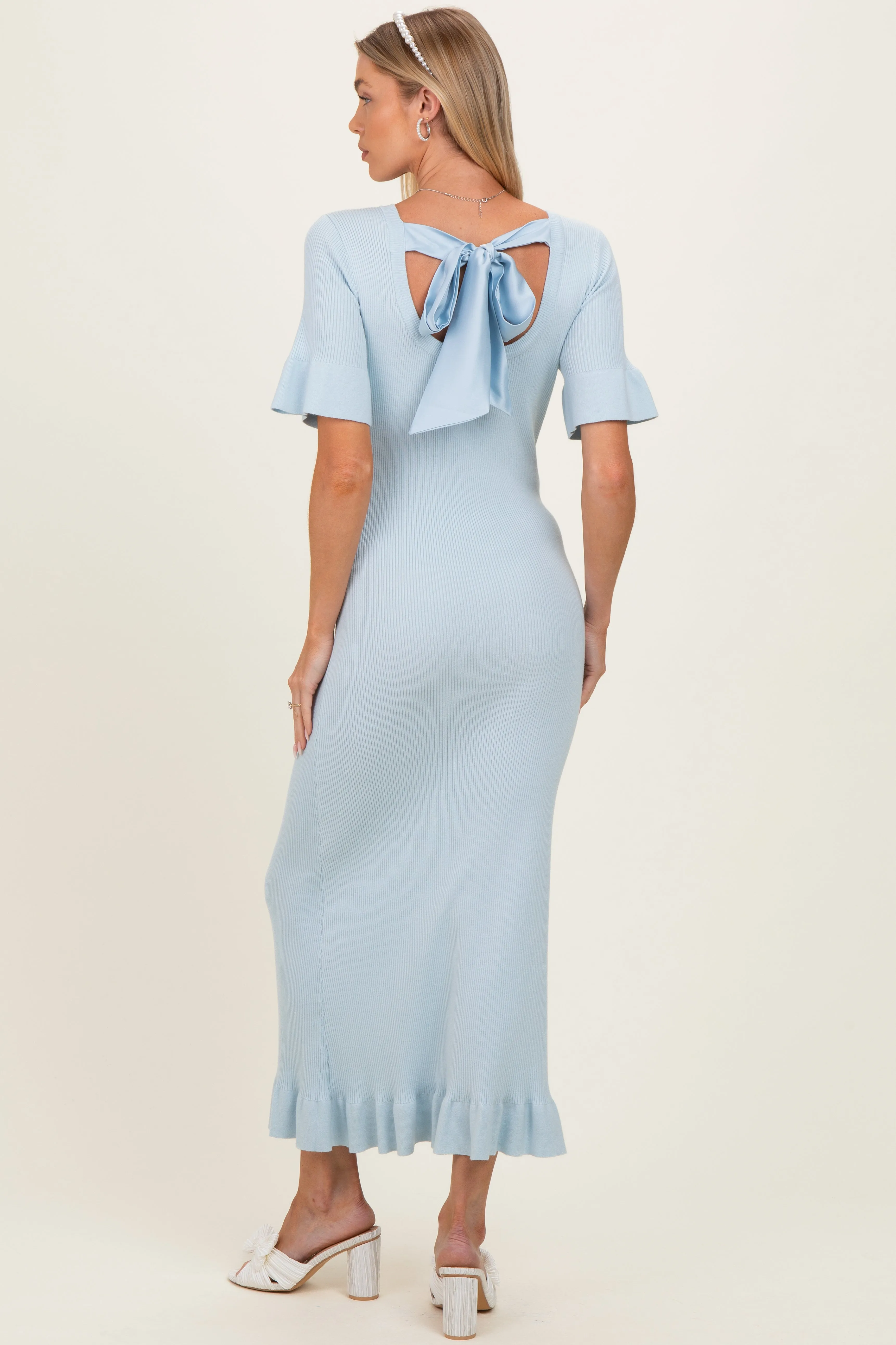 Sky Ribbed Knit Bow Back Ruffle Accent Maternity Dress sold by Pinkblush product image thumbnail 3